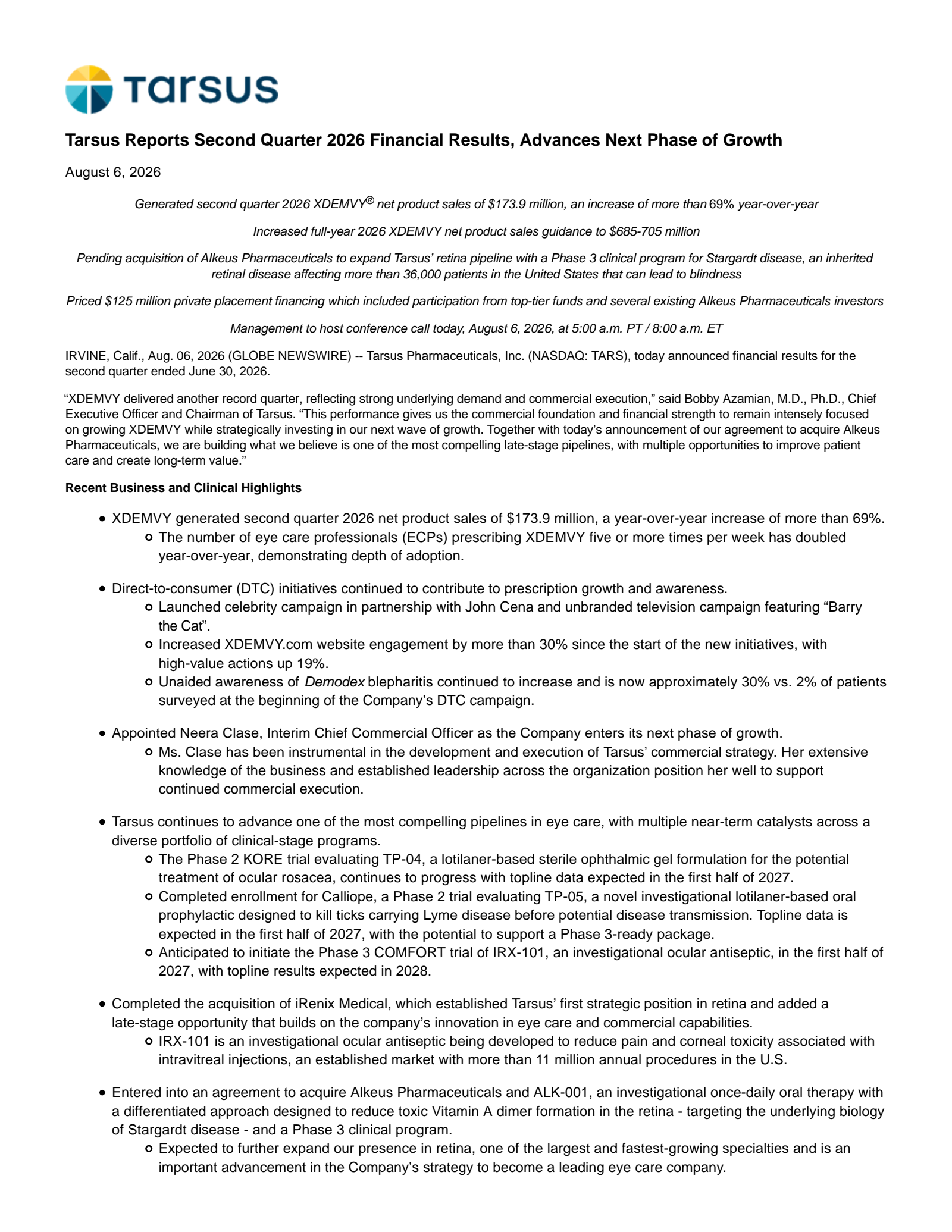 Tarsus Pharmaceuticals' Q2 2026 Press Release
