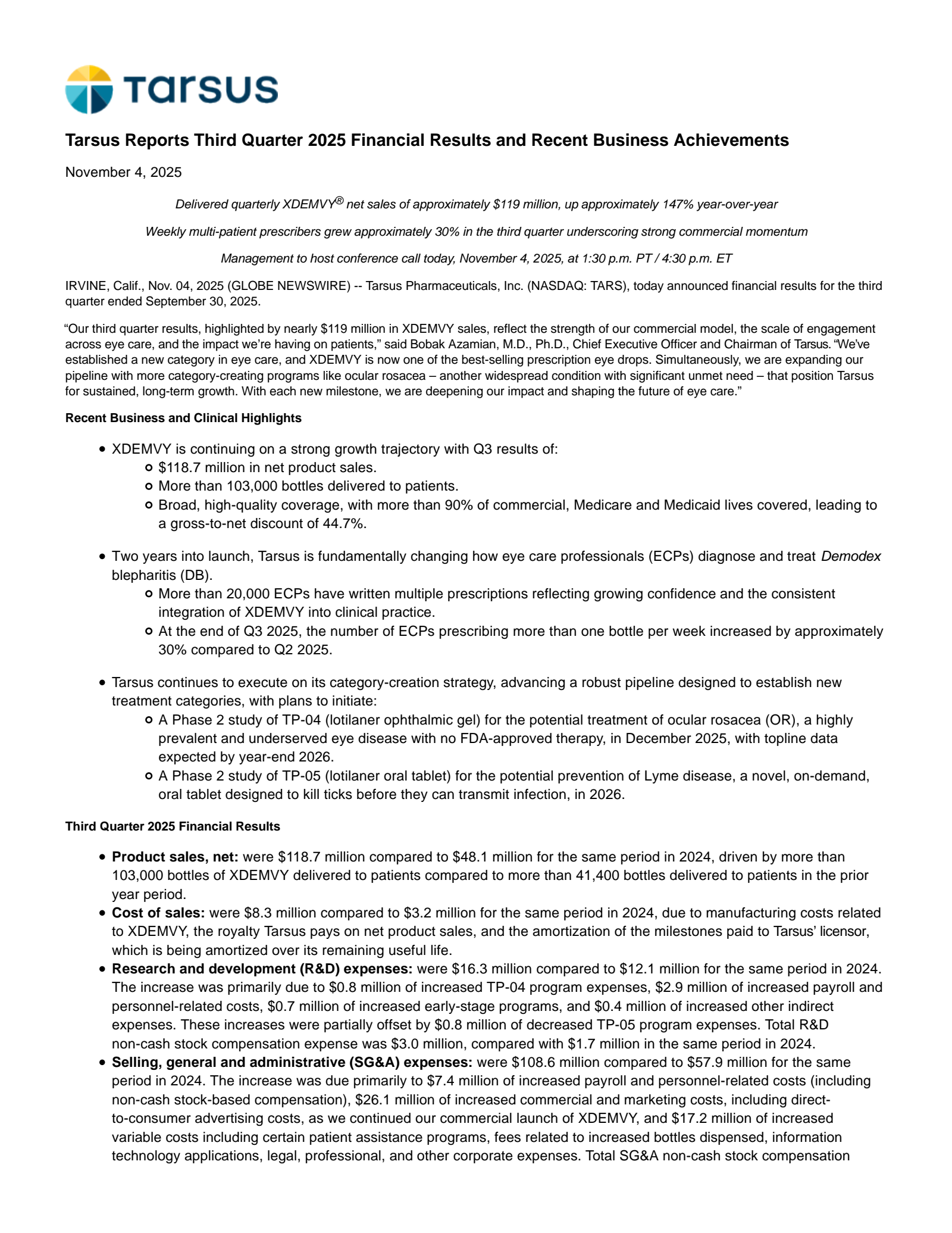 Tarsus Pharmaceuticals' Q3 2025 Earnings Release