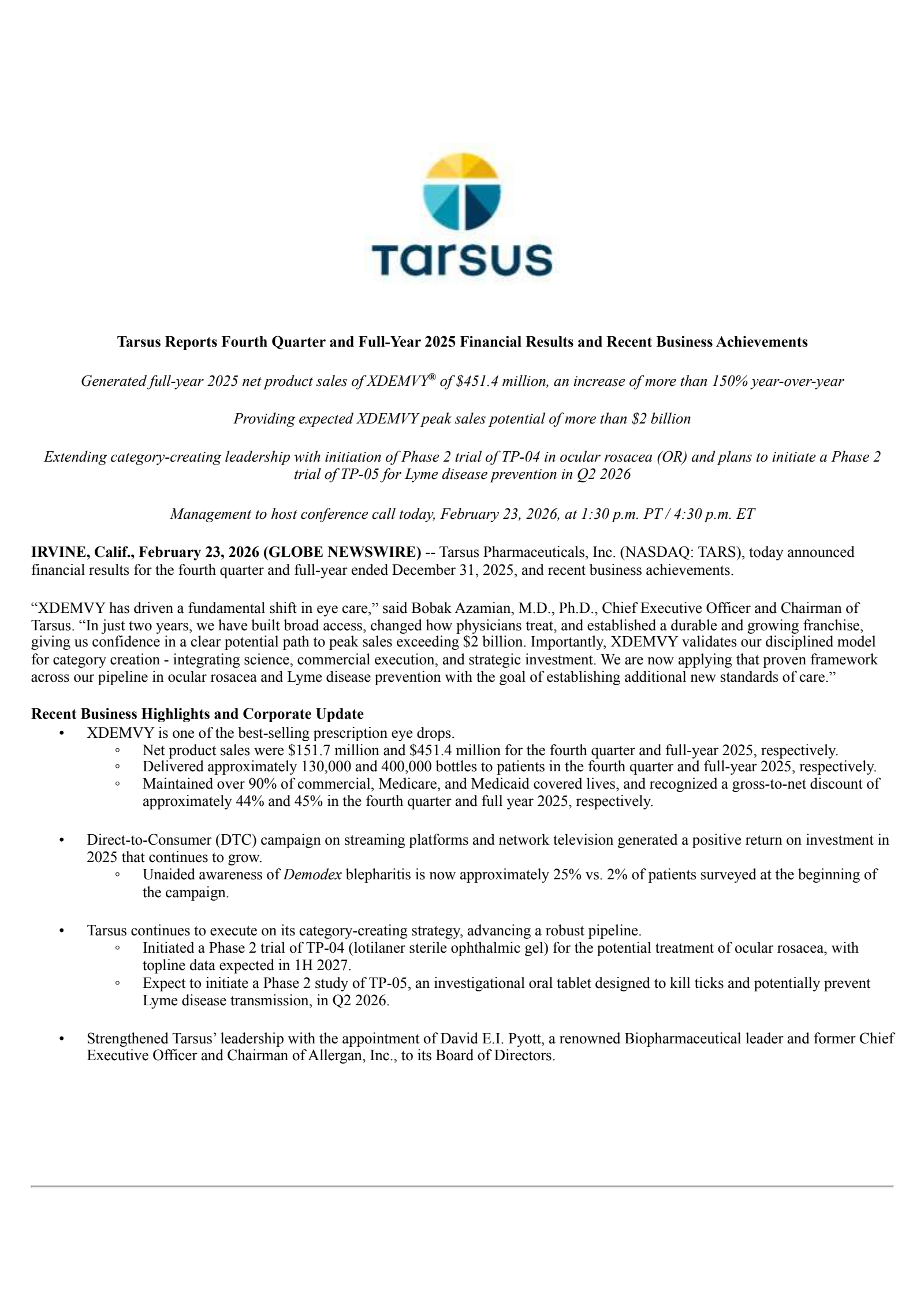 Tarsus Pharmaceuticals' Q4 2025 Press Release