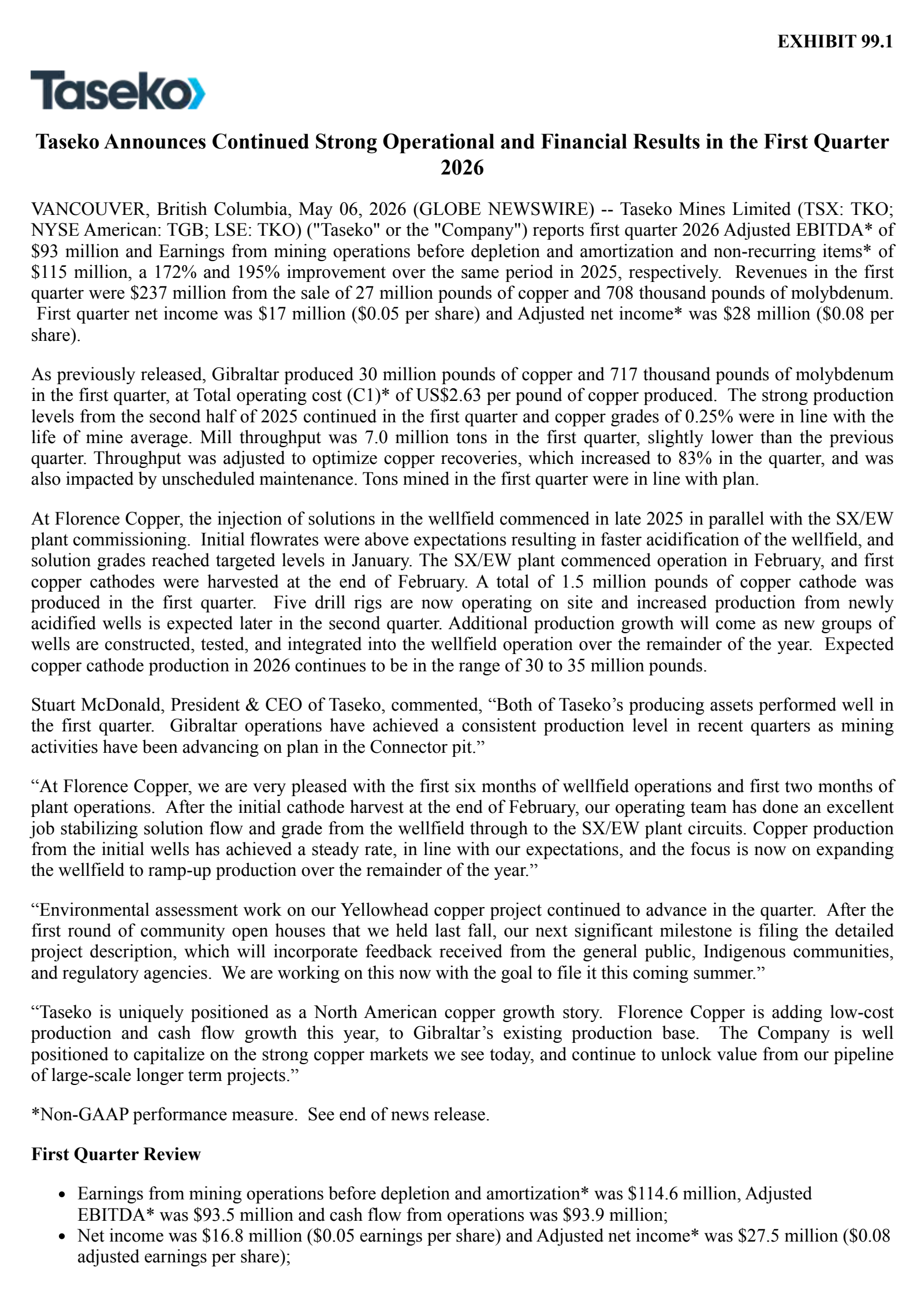 Taseko Mines' Q1 2026 Press Release