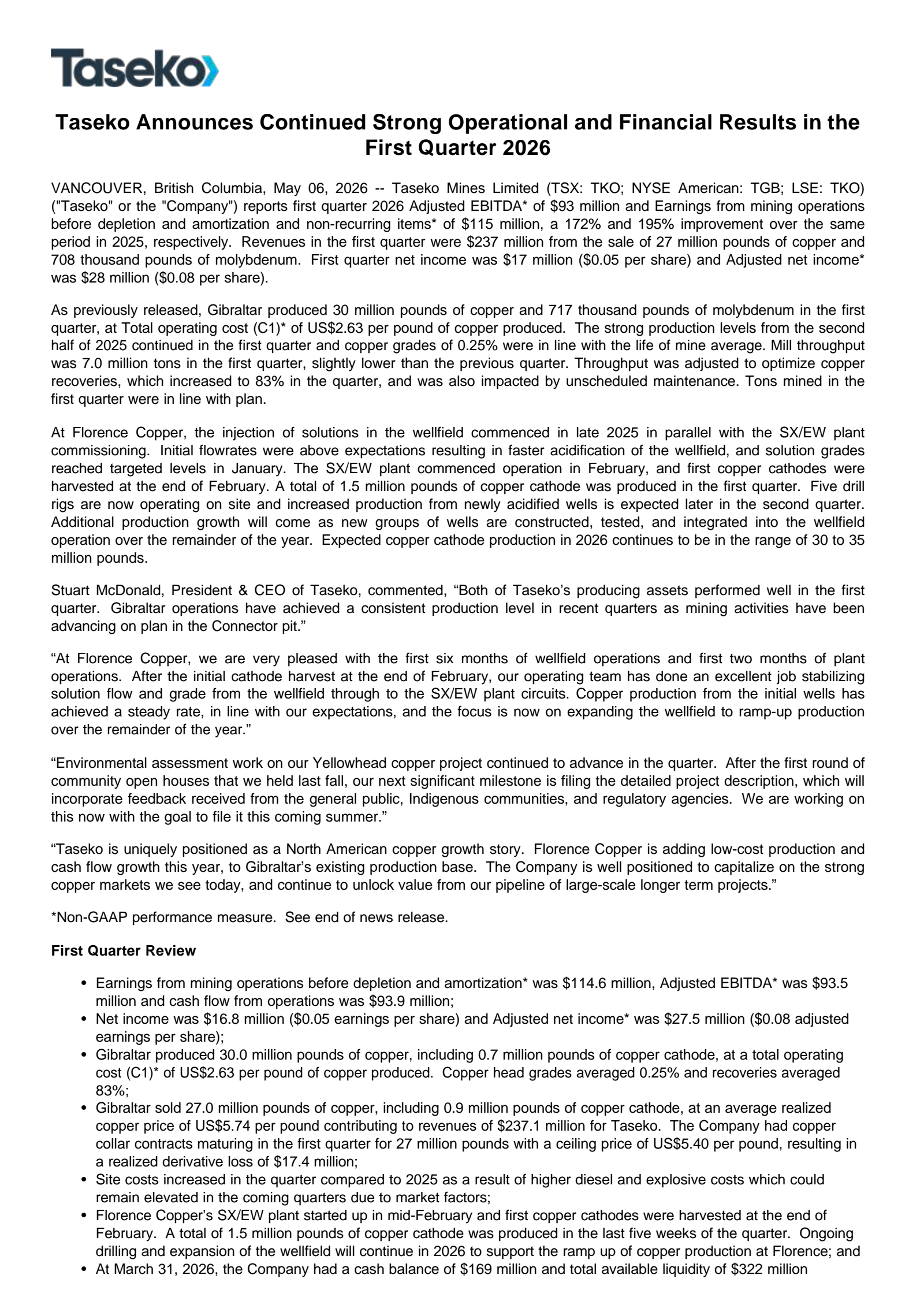 Taseko Mines' Q1 2026 Press Release