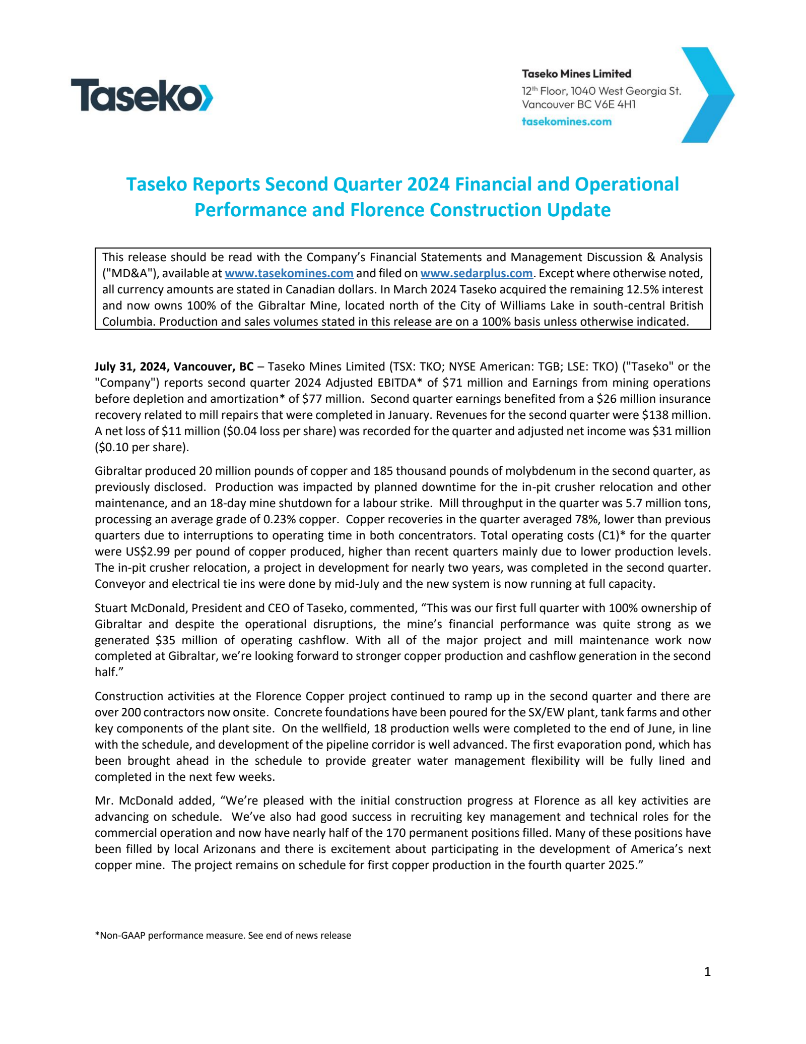 Taseko Mines' Q2 2024 Press Release