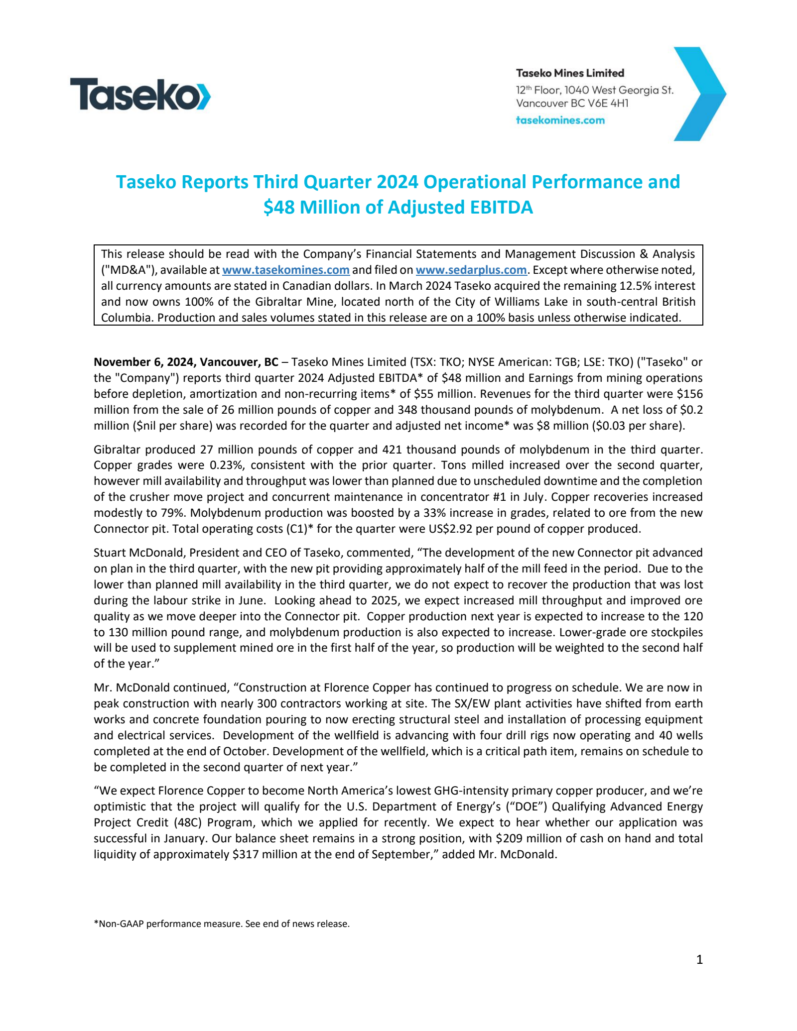 Taseko Mines' Q3 2024 Interim report