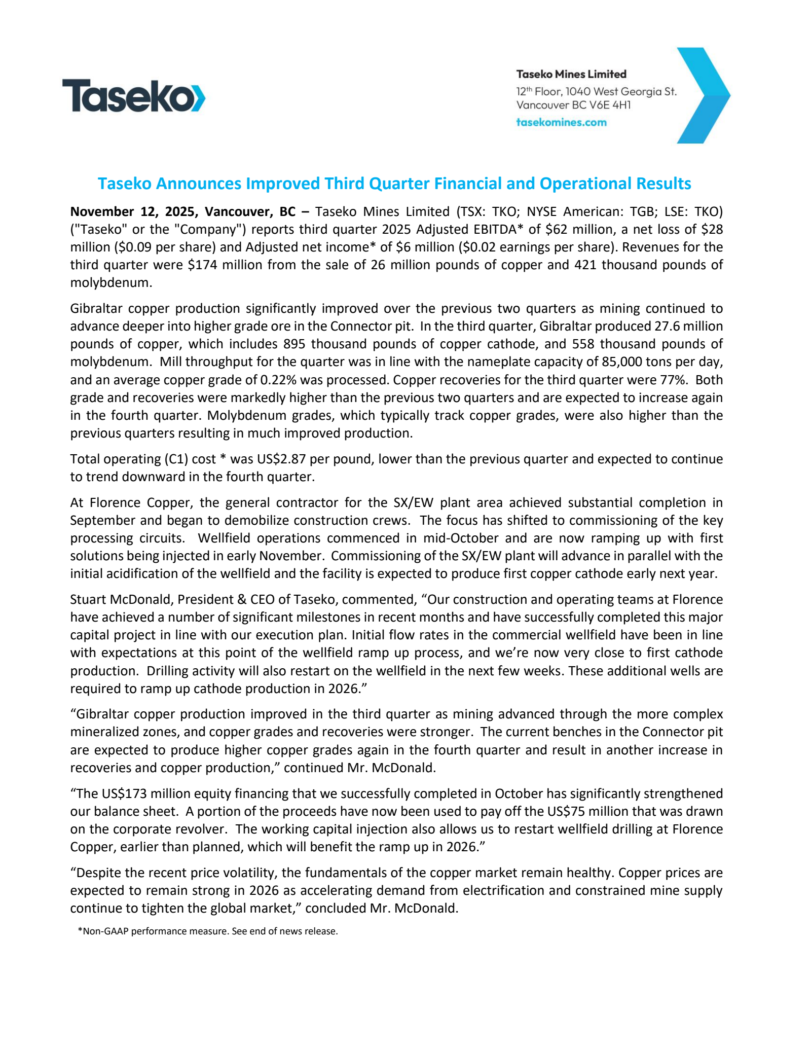 Taseko Mines' Q3 2025 Press Release
