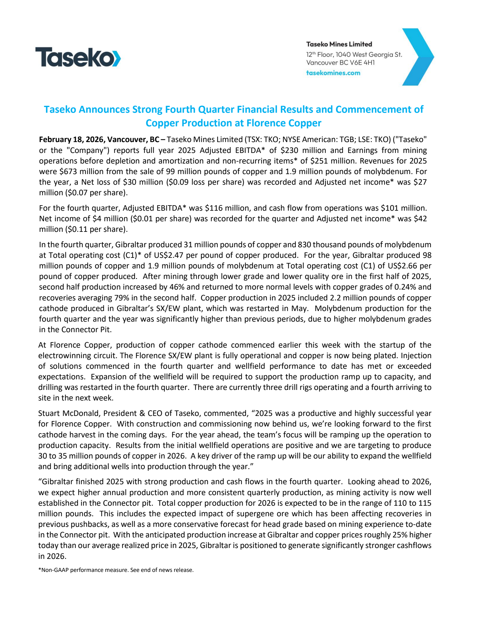 Taseko Mines' Q4 2025 Press Release