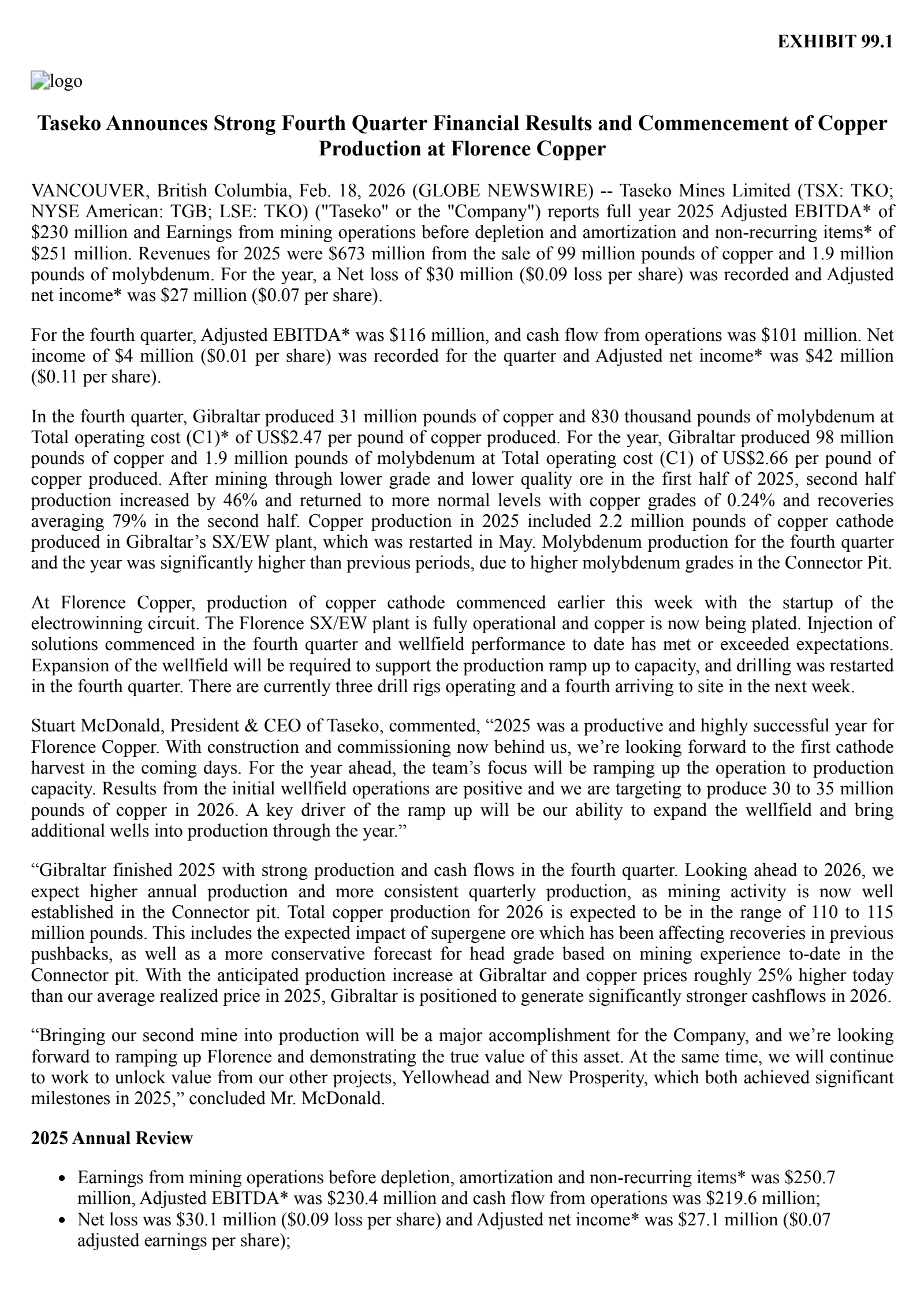 Taseko Mines' Q4 2025 Press Release