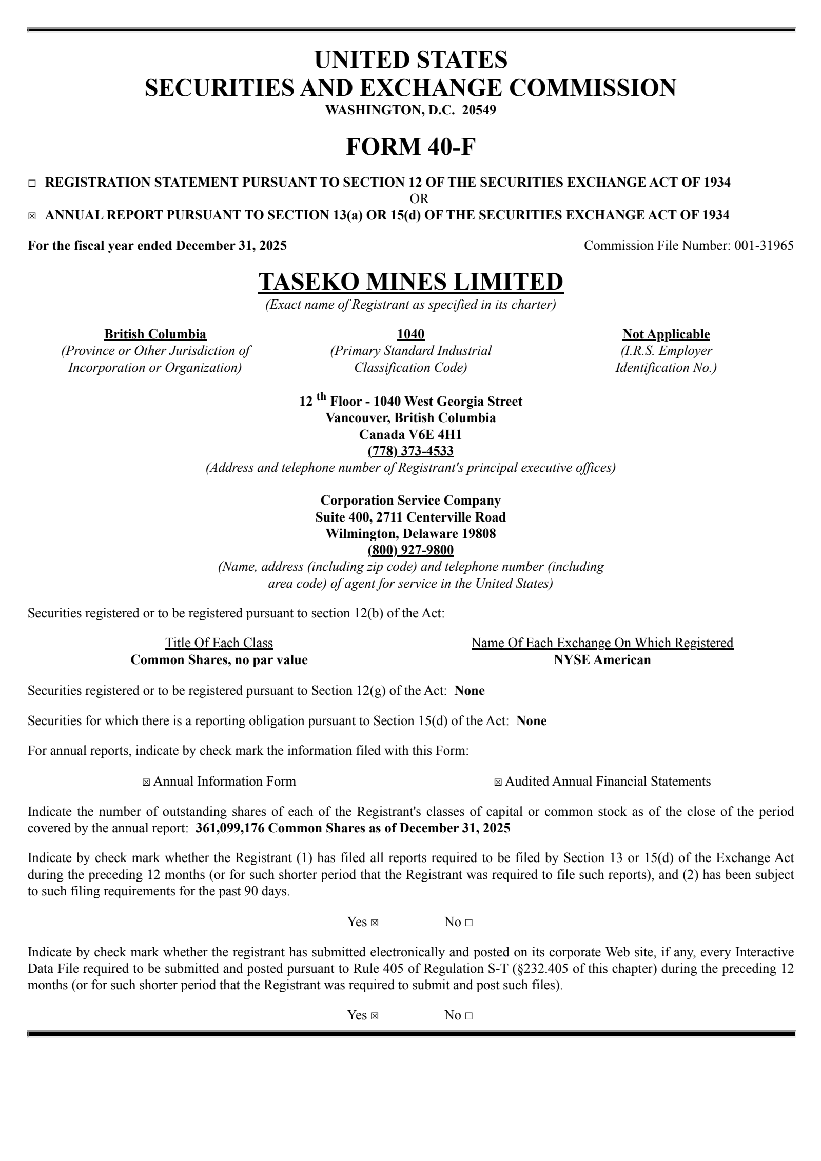 Taseko Mines' Q4 2025 Annual report