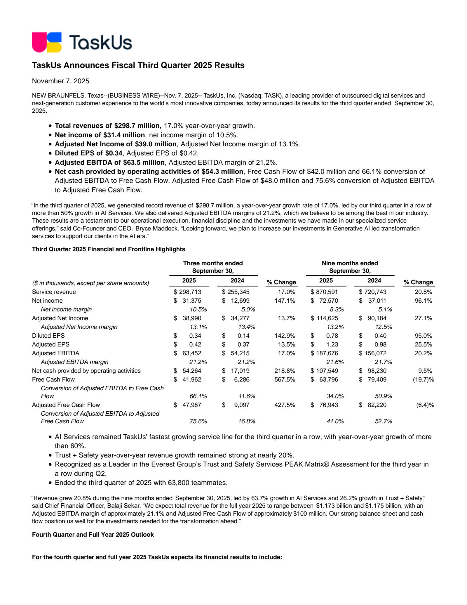 Taskus Report TASK Q3 2025 Earnings Report on 11/7/2025