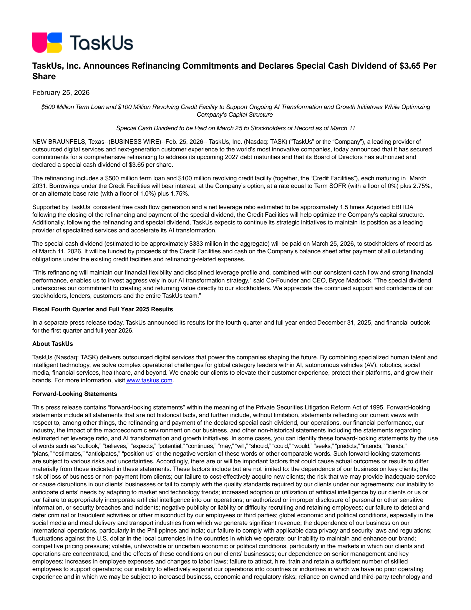 Taskus Report TASK Q4 2025 Earnings Report on 2/25/2026