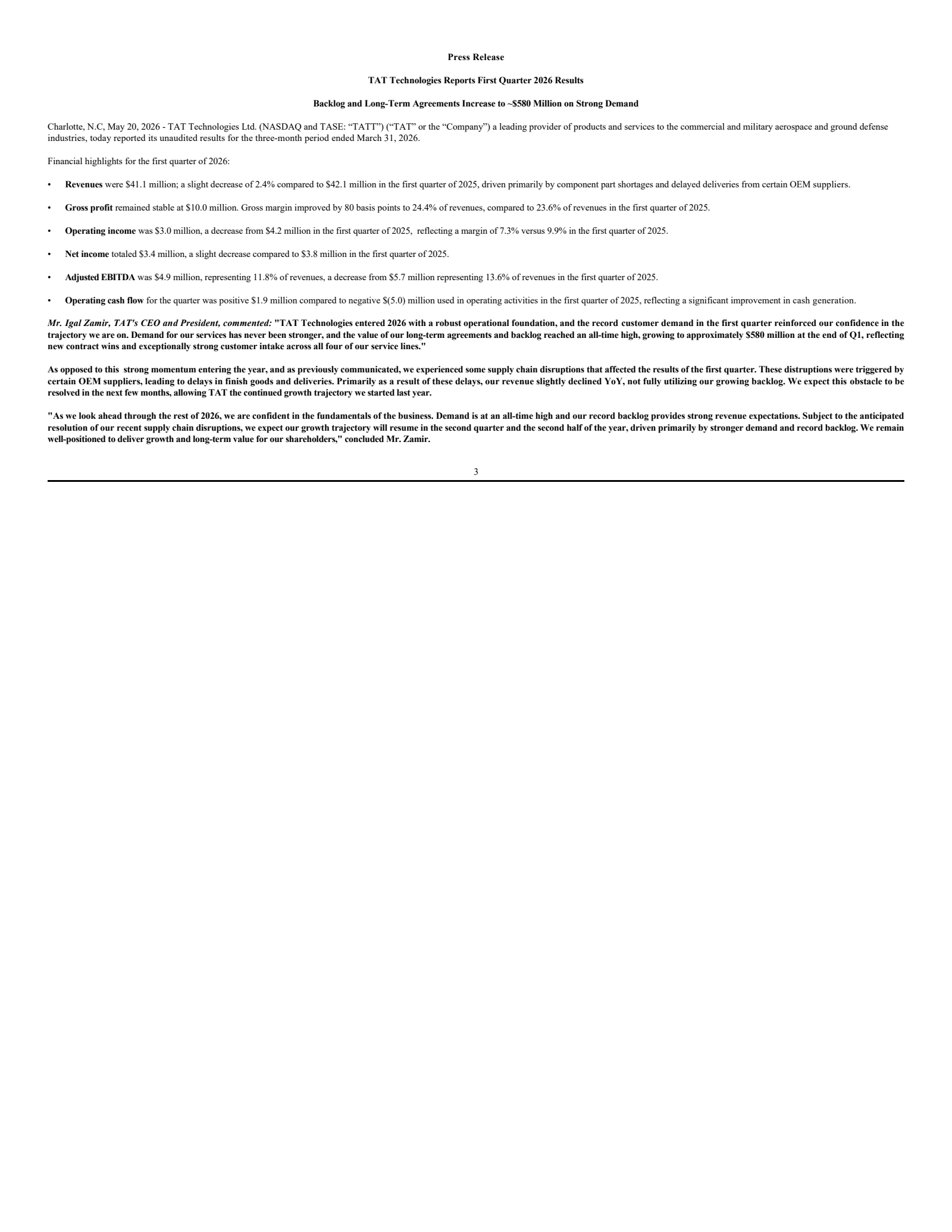 TAT Technologies' Q1 2026 Press Release