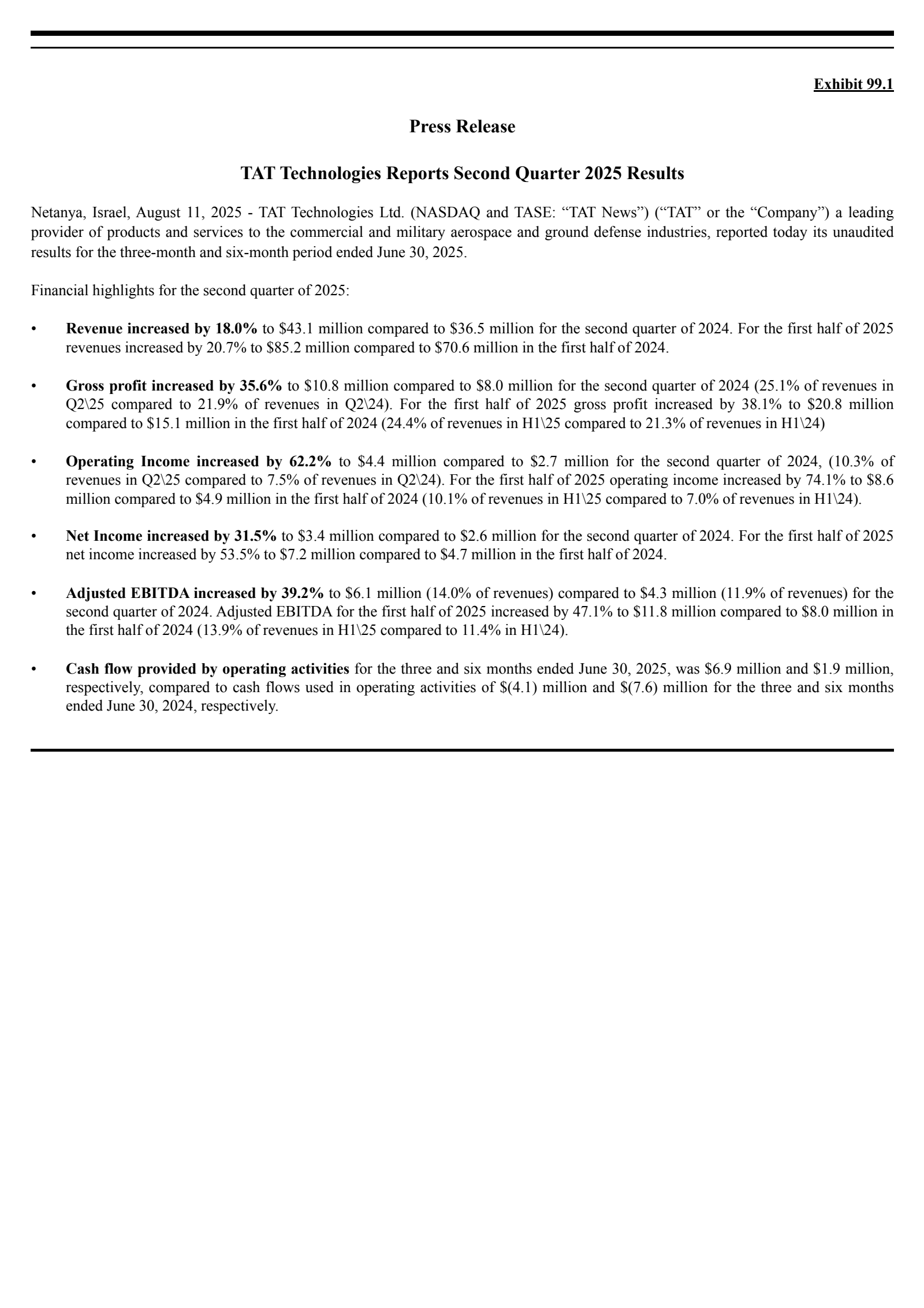 TAT Technologies' Q2 2025 Press Release