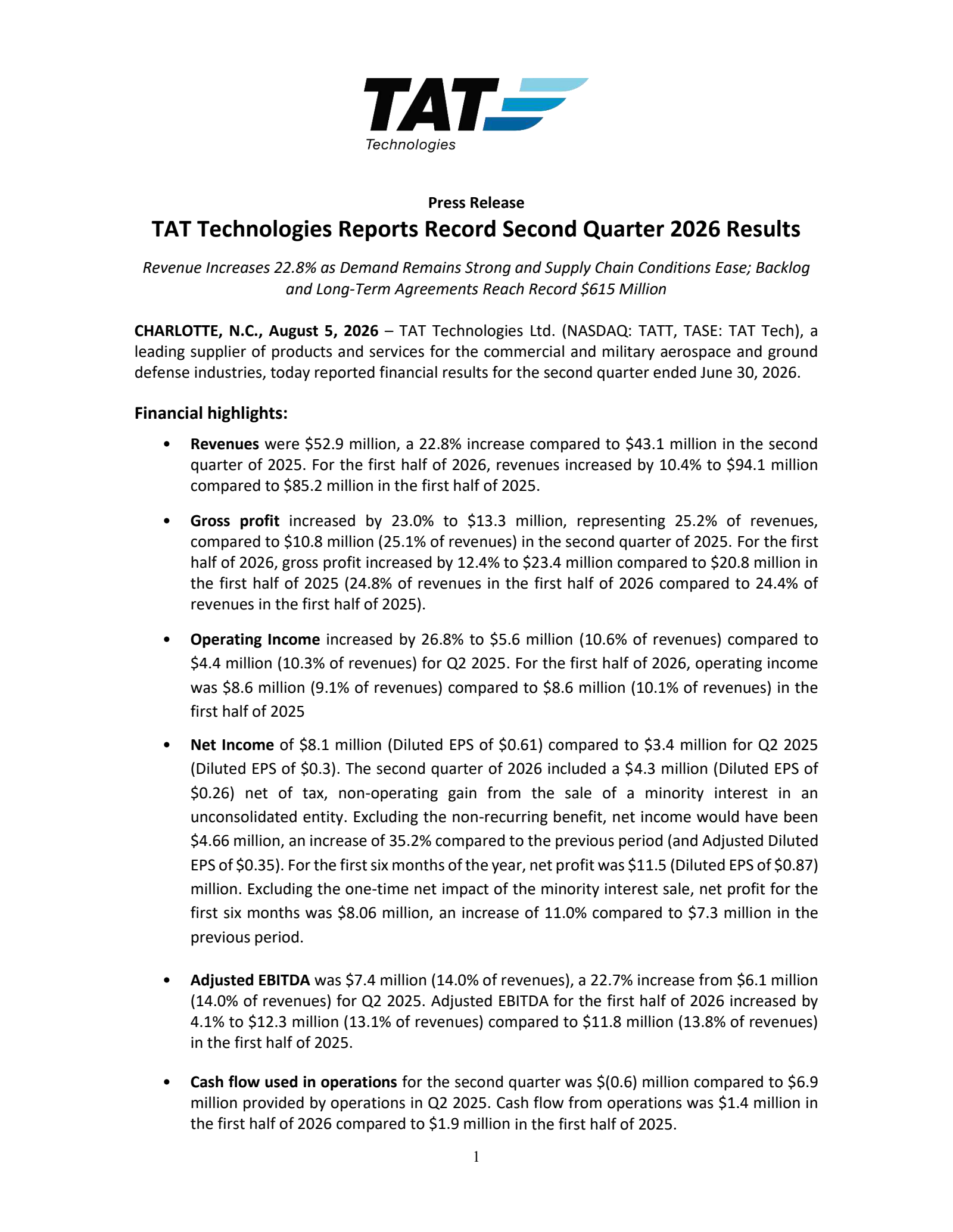 TAT Technologies' Q2 2026 Press Release