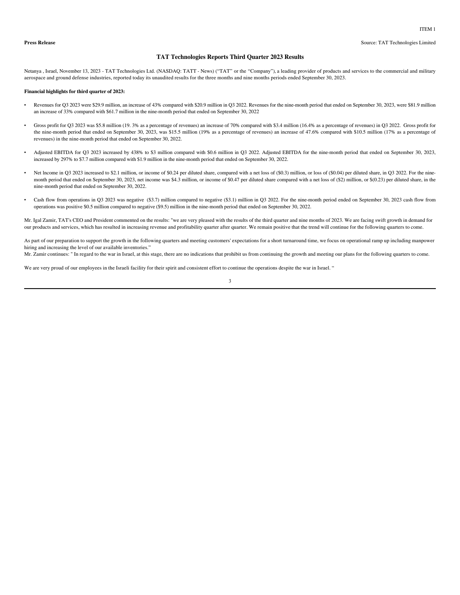 TAT Technologies' Q3 2023 Press Release