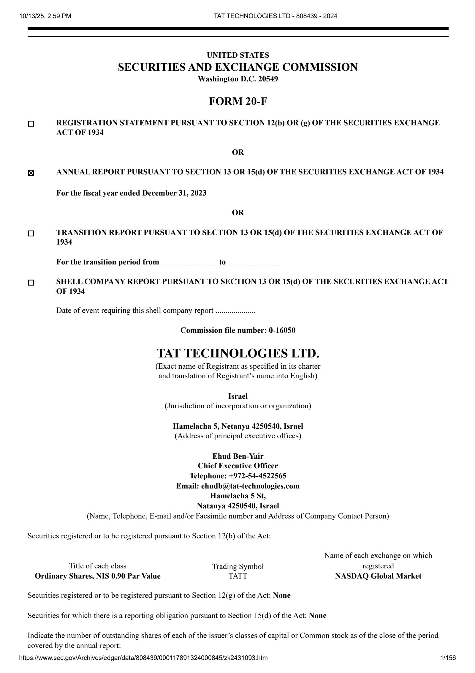 TAT Technologies' Q4 2023 Annual Report