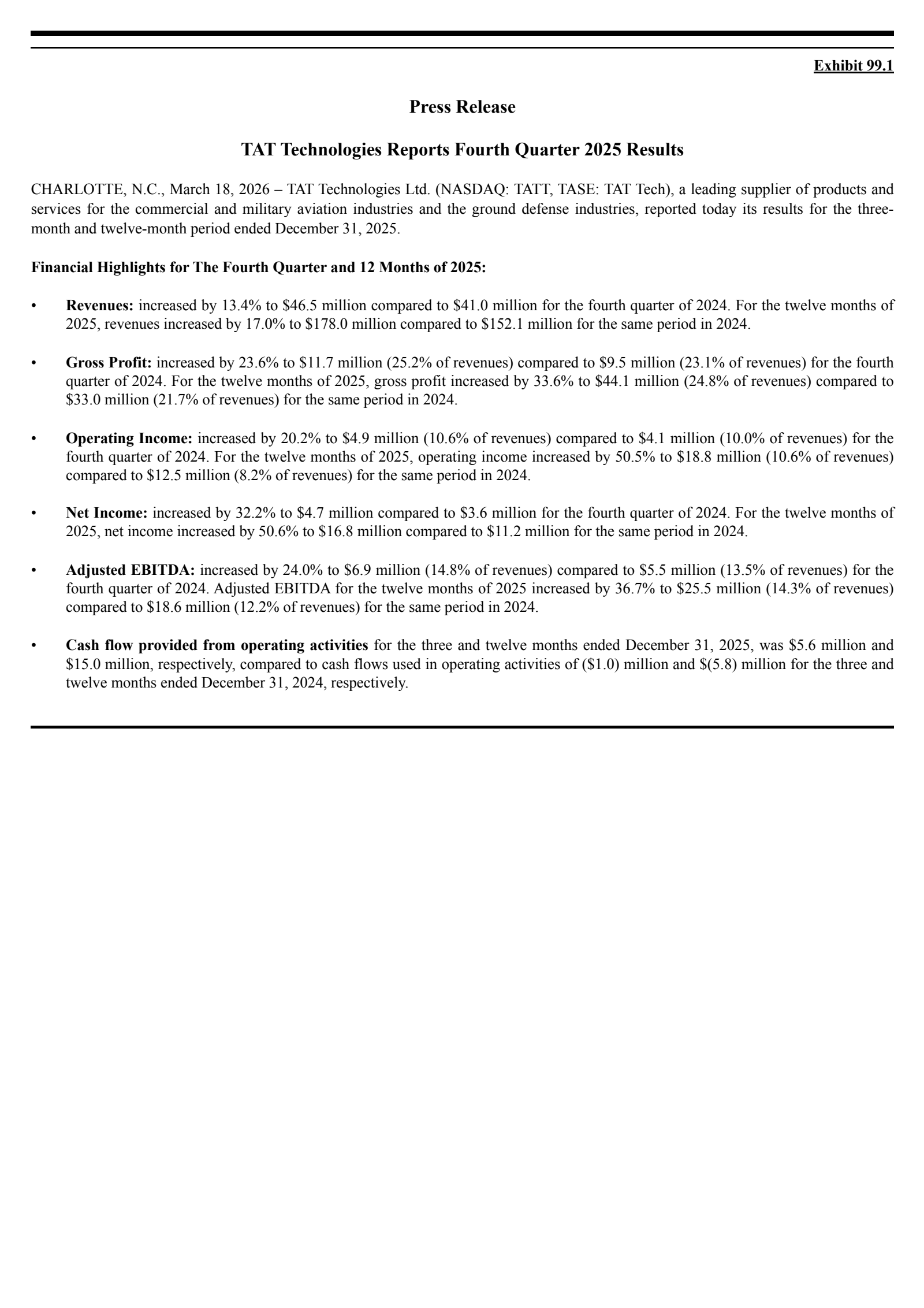 TAT Technologies' Q4 2025 Press Release