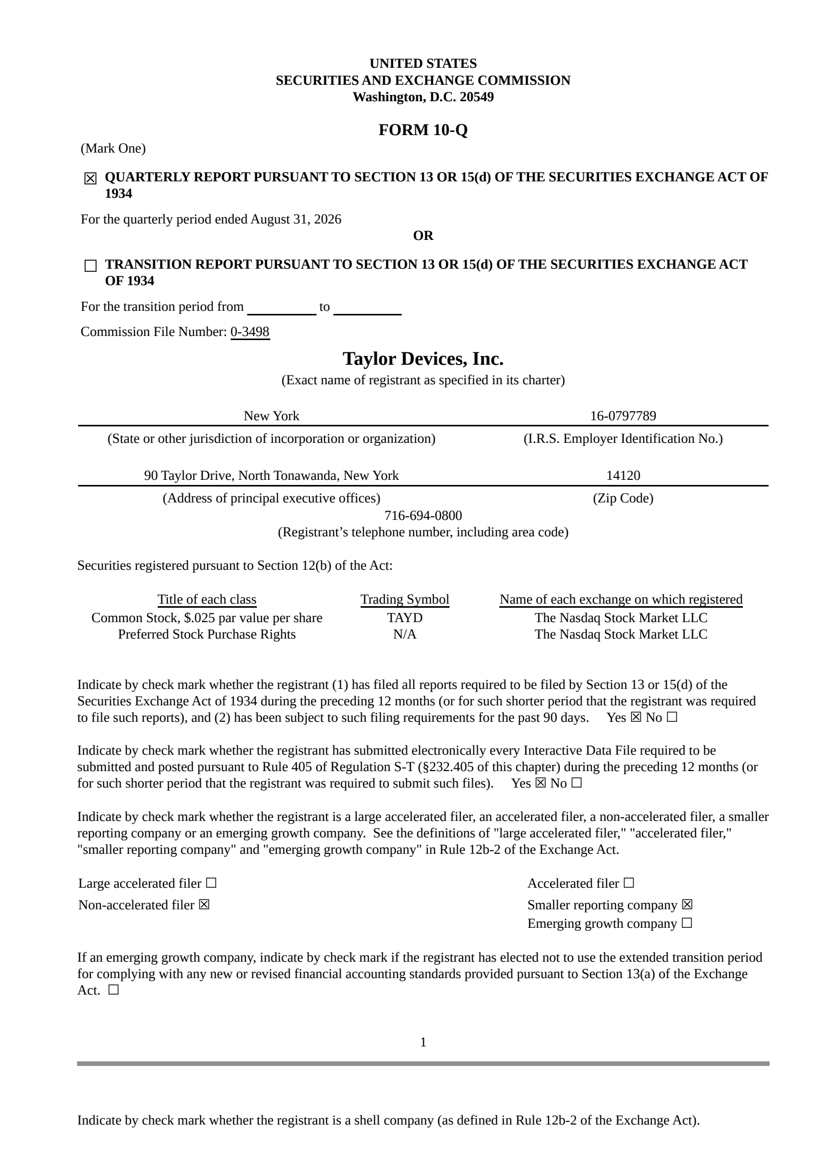 Taylor Devices' Q1 2027 Quarterly report