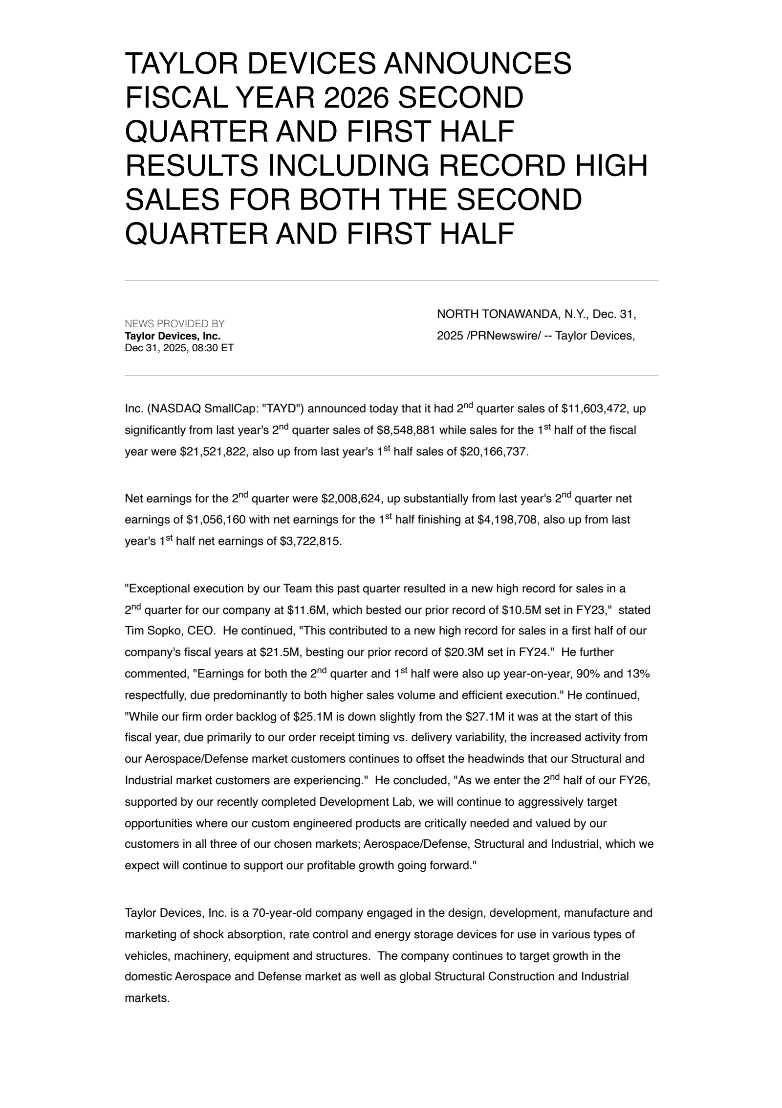 Taylor Devices' Q2 2026 Earnings Release