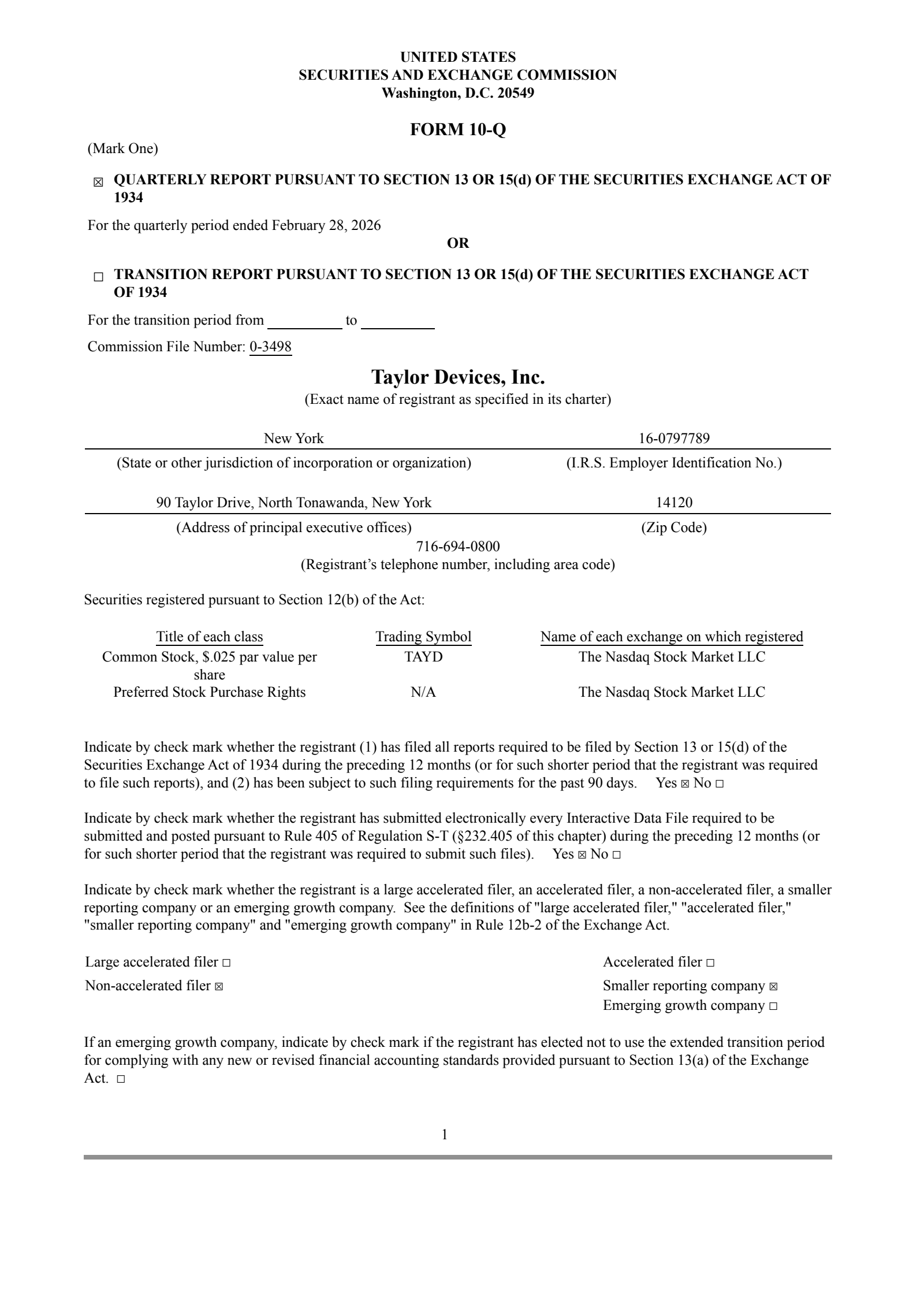 Taylor Devices' Q3 2026 Quarterly report