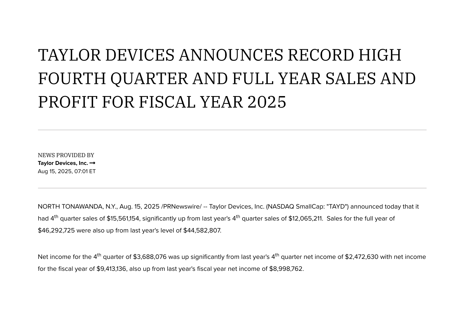 Taylor Devices' Q4 2025 Press Release
