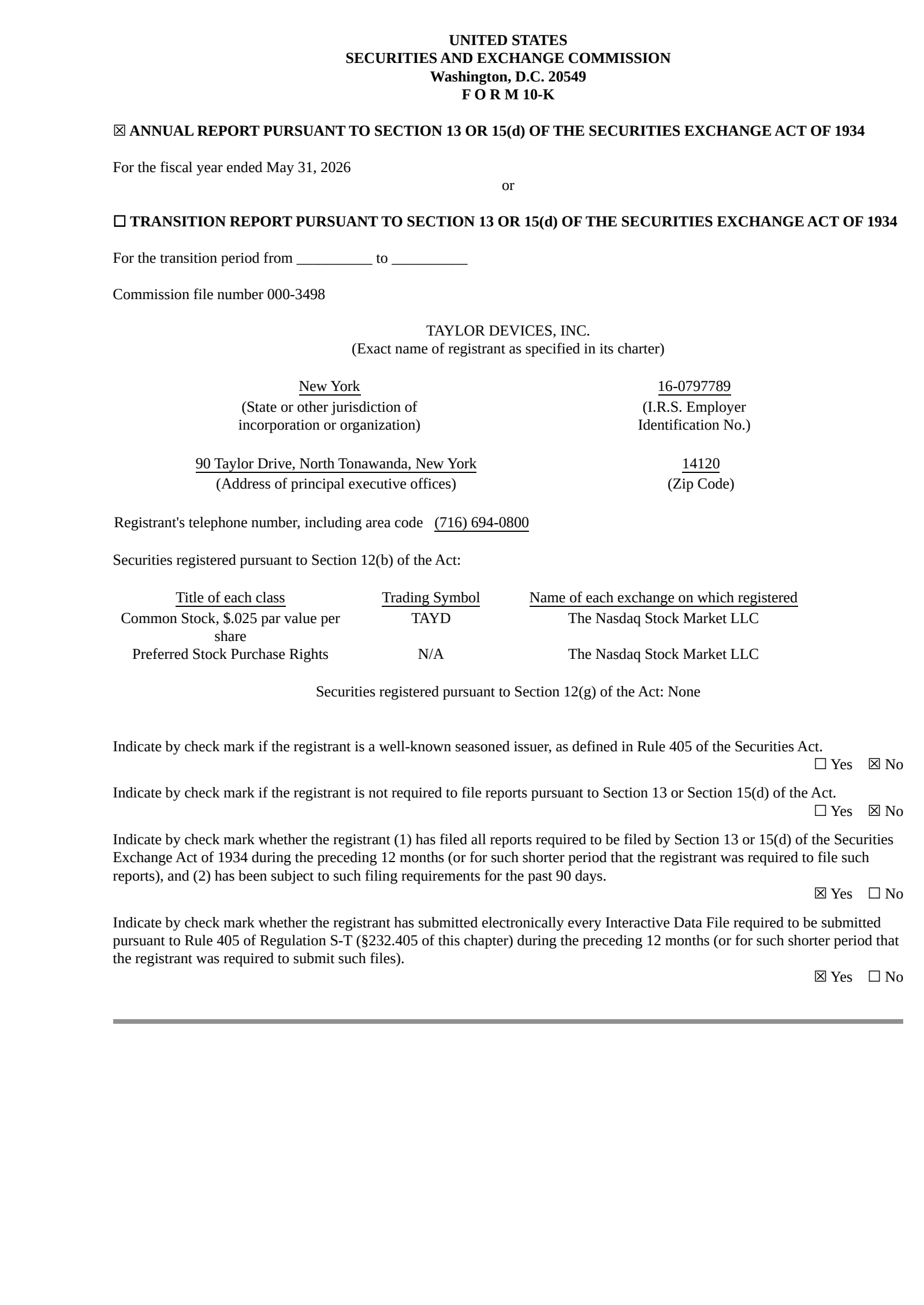 Taylor Devices' Q4 2026 Annual report
