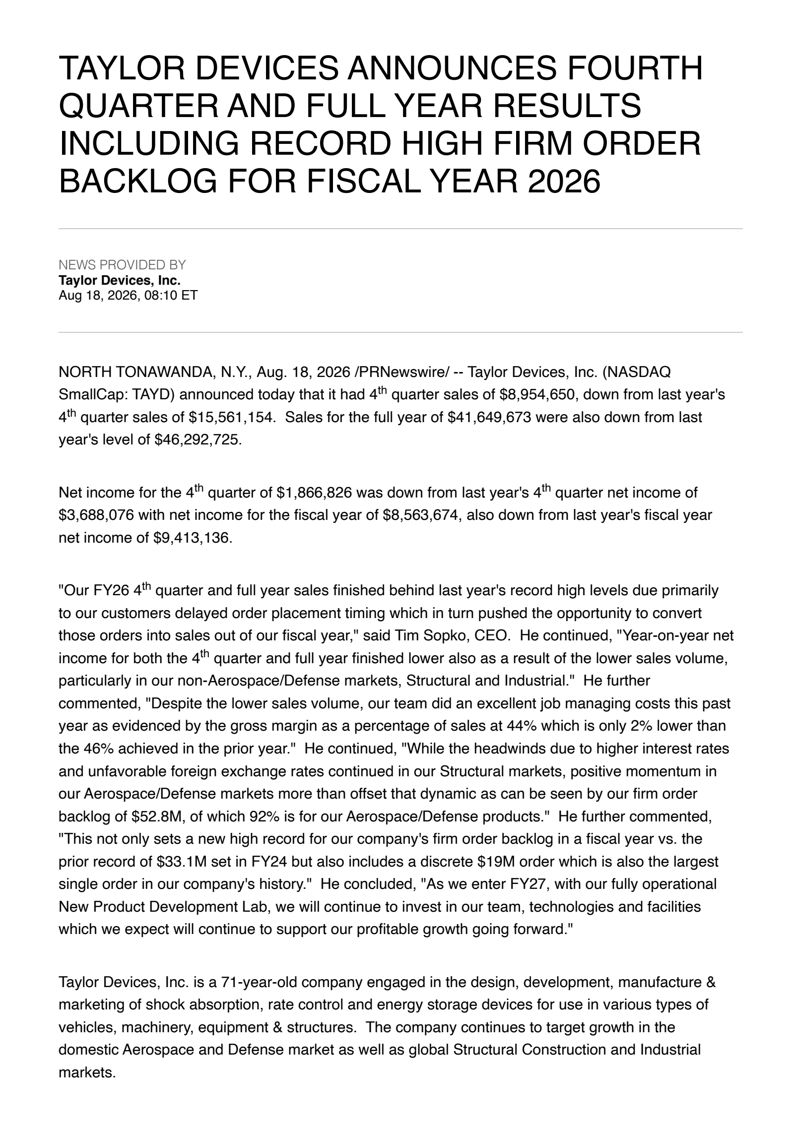 Taylor Devices' Q4 2026 Press Release