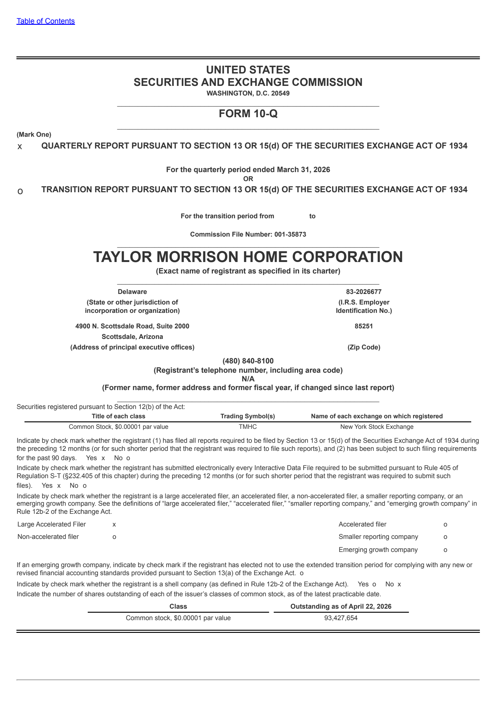 Taylor Morrison Home's Q1 2026 Quarterly report