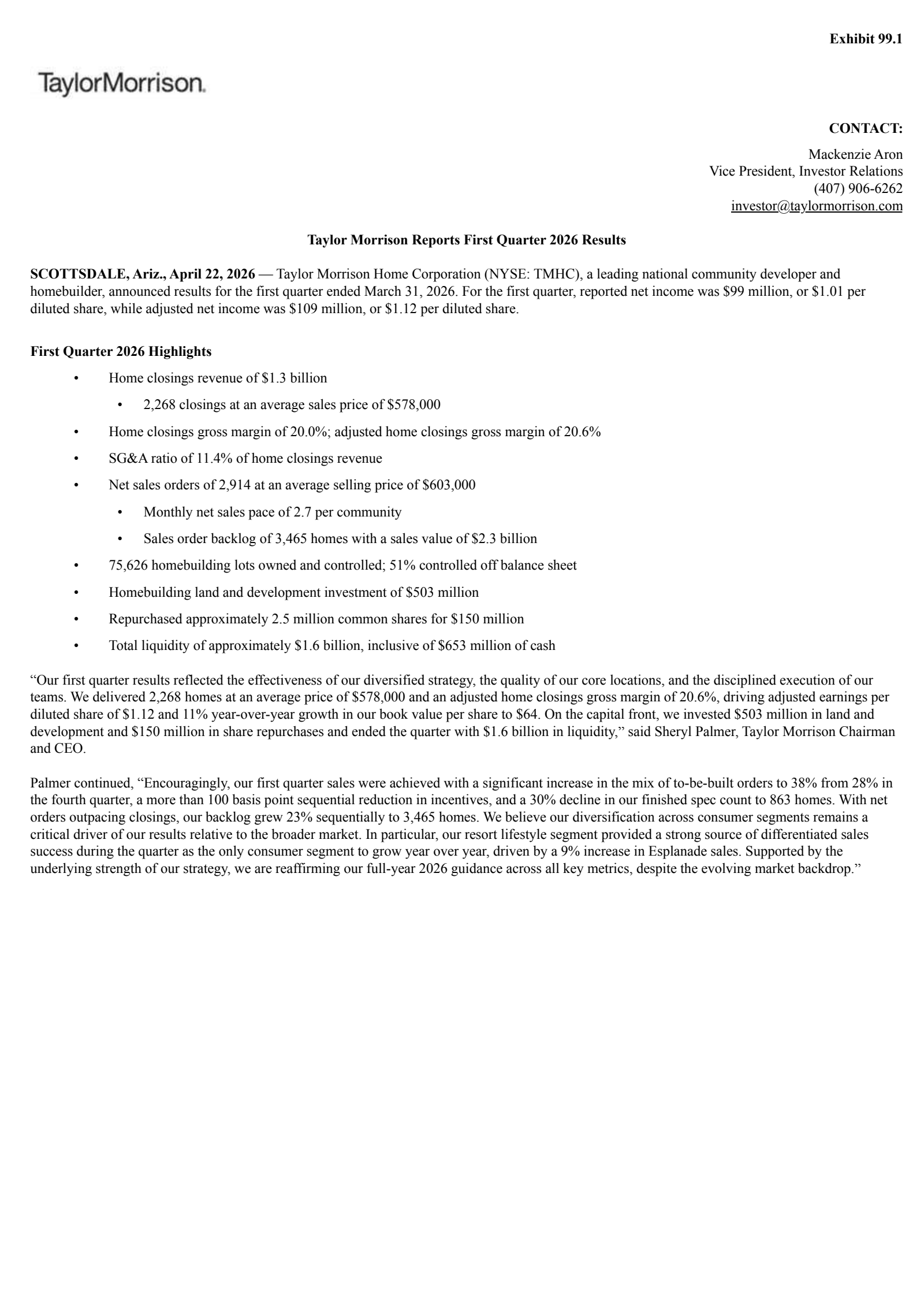 Taylor Morrison Home's Q1 2026 Press Release