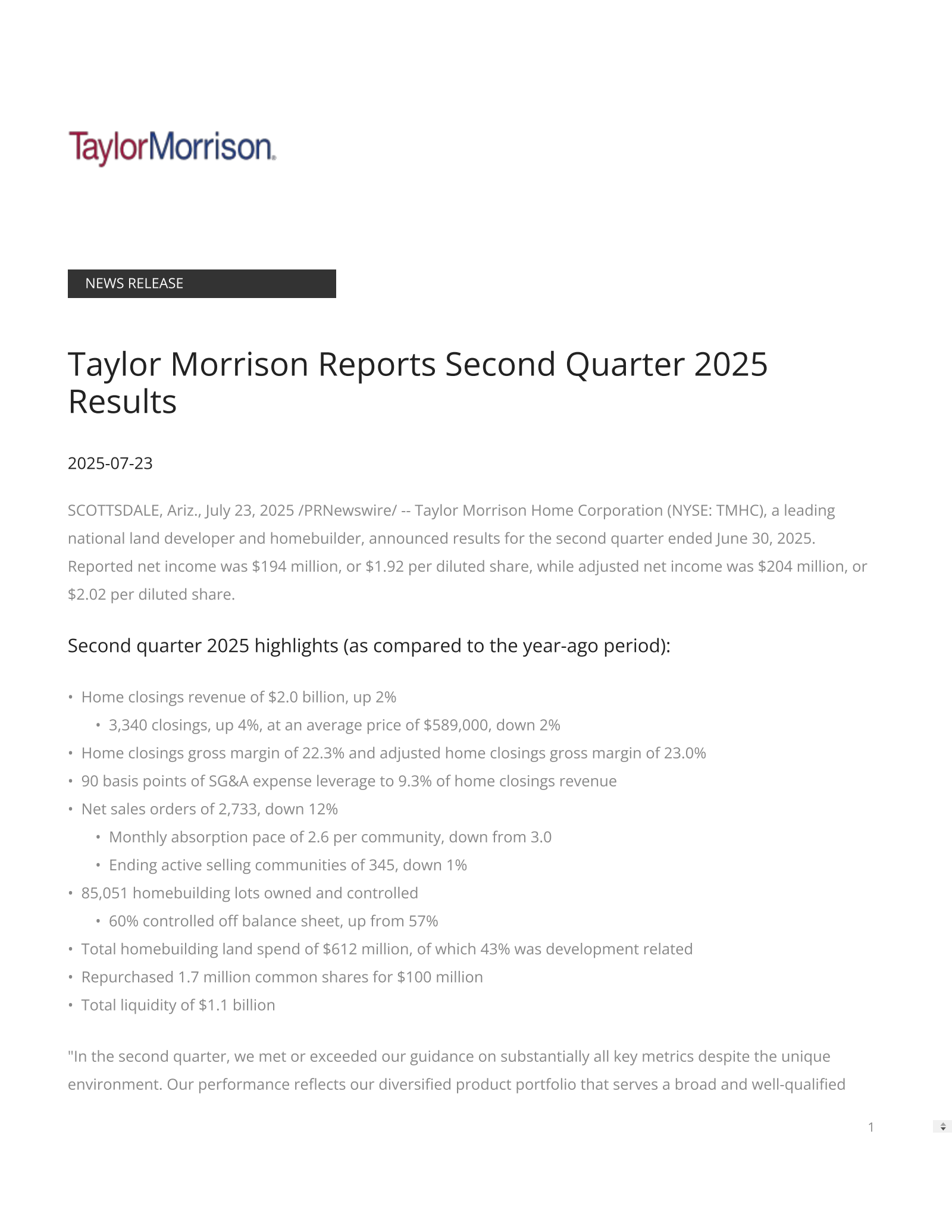Taylor Morrison Home's Q2 2025 Press Release