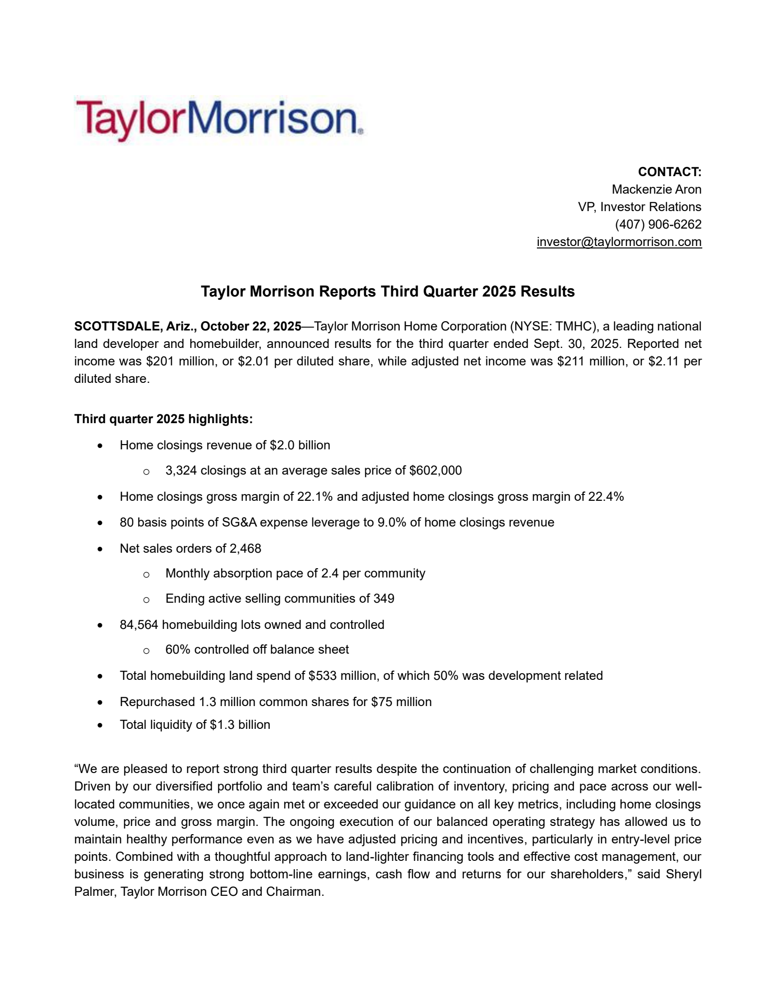 Taylor Morrison Home's Q3 2025 Press Release