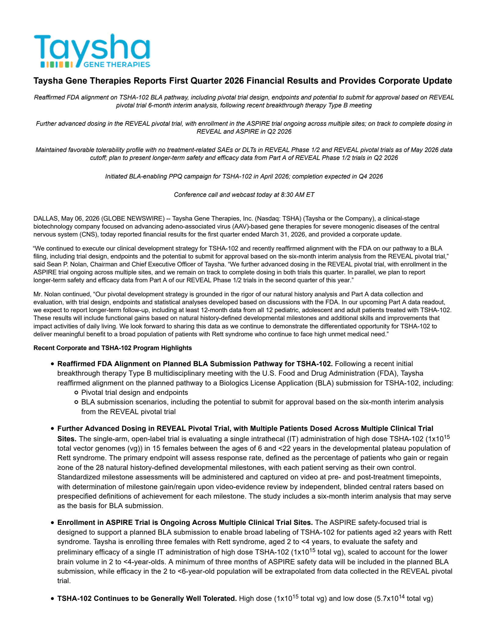 Taysha Gene Therapies' Q1 2026 Press Release