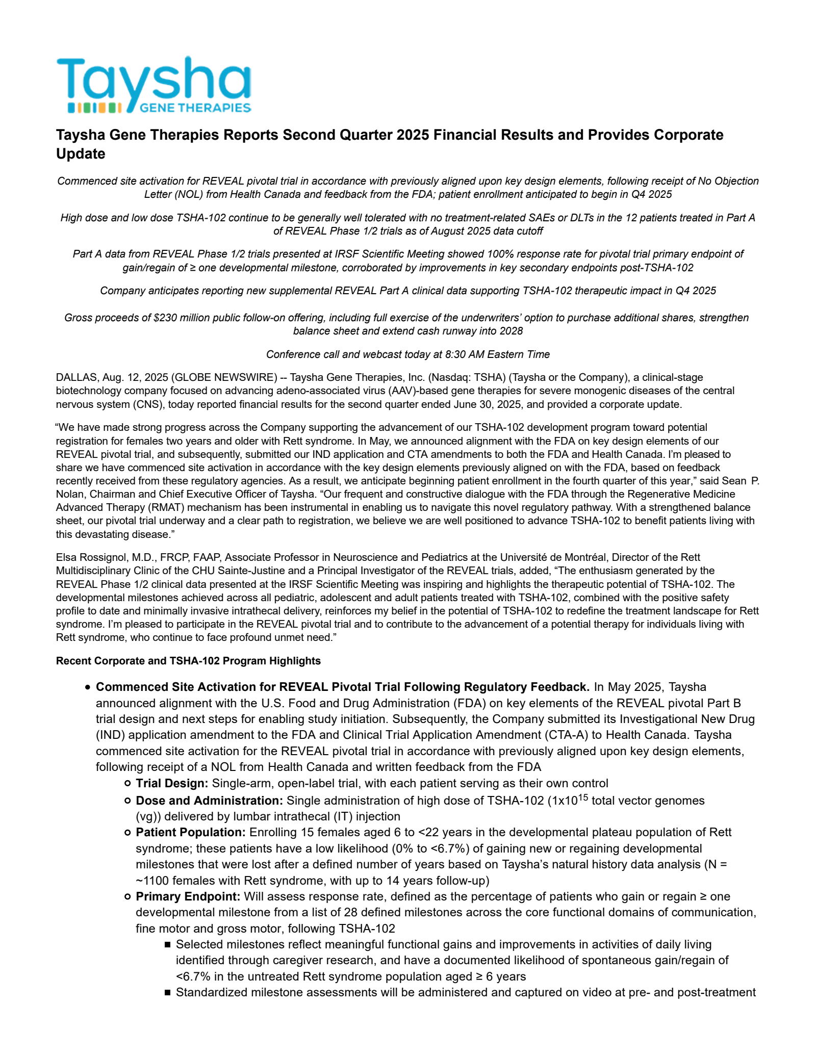 Taysha Gene Therapies' Q2 2025 Press Release