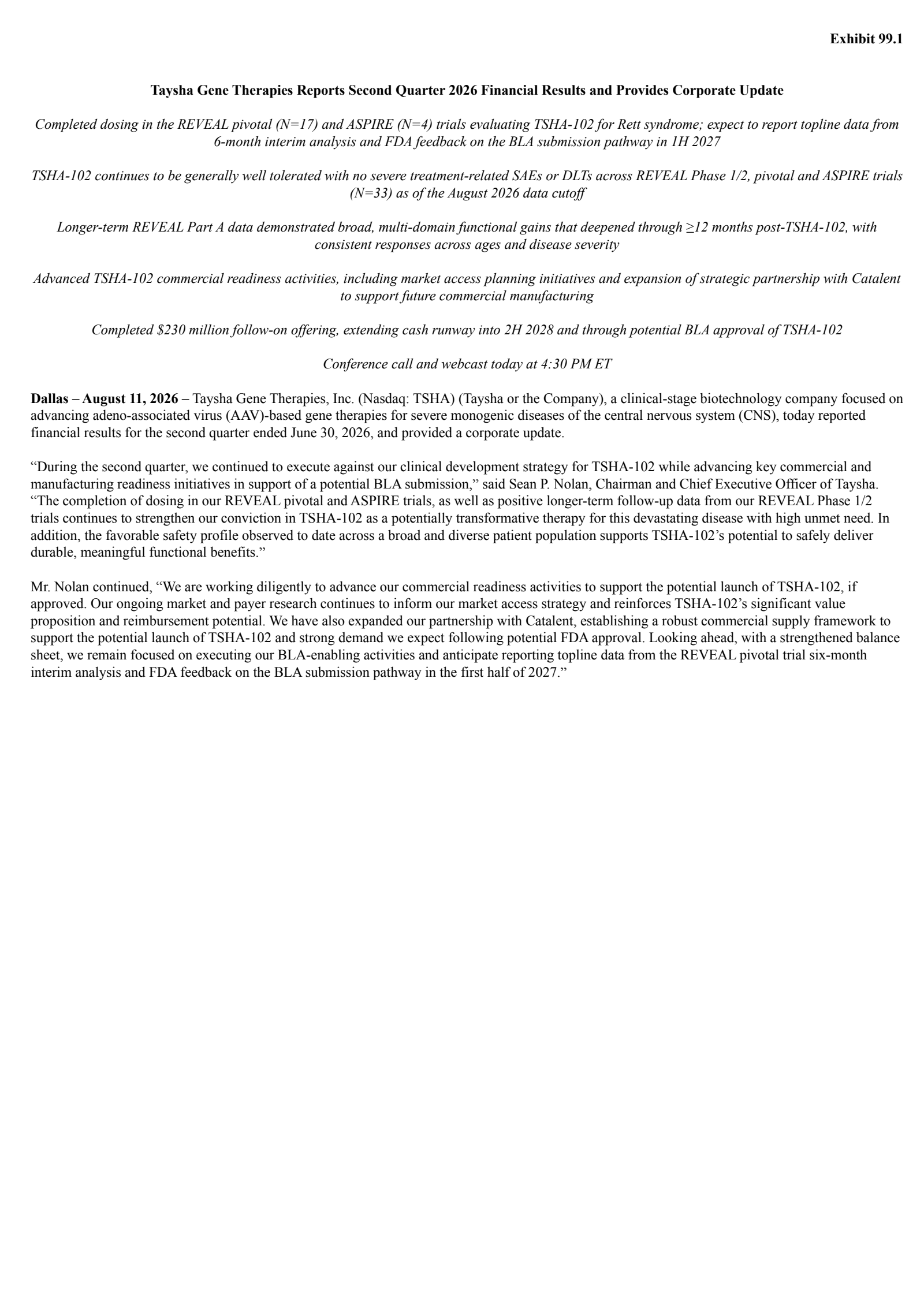 Taysha Gene Therapies' Q2 2026 Press Release