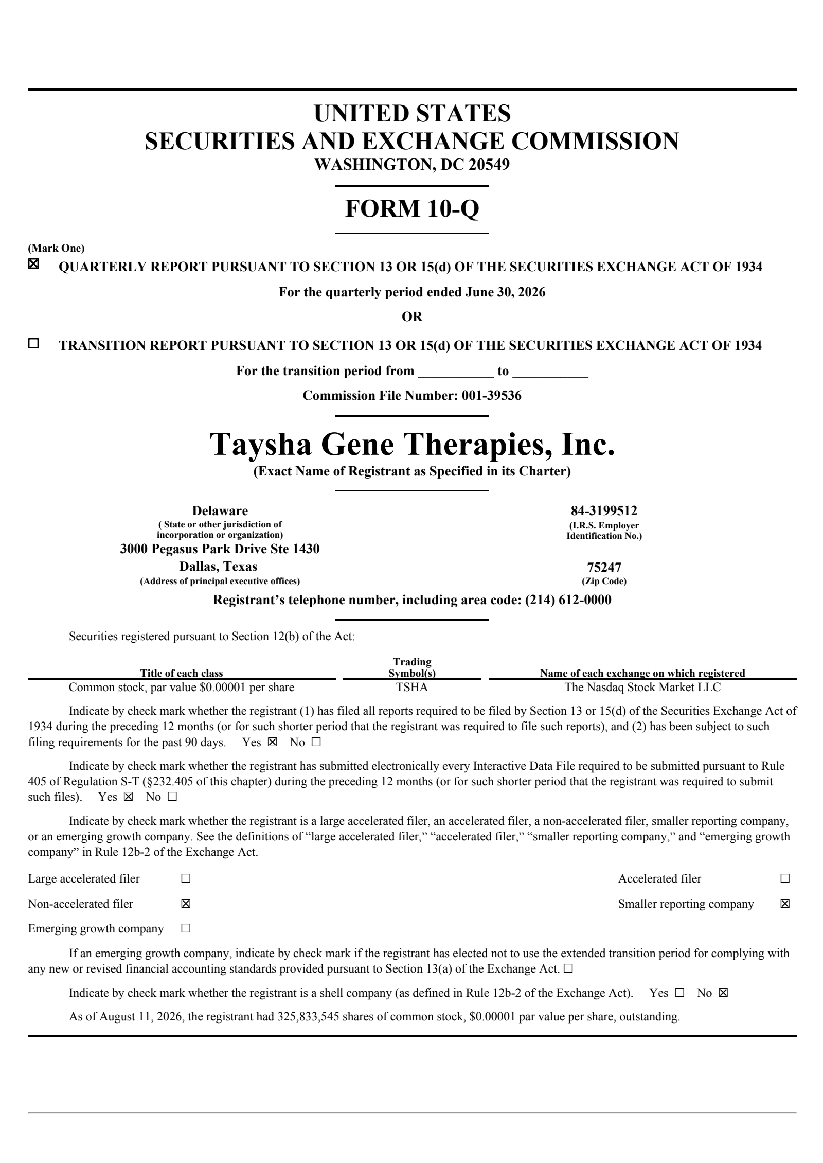 Taysha Gene Therapies' Q2 2026 Quarterly report