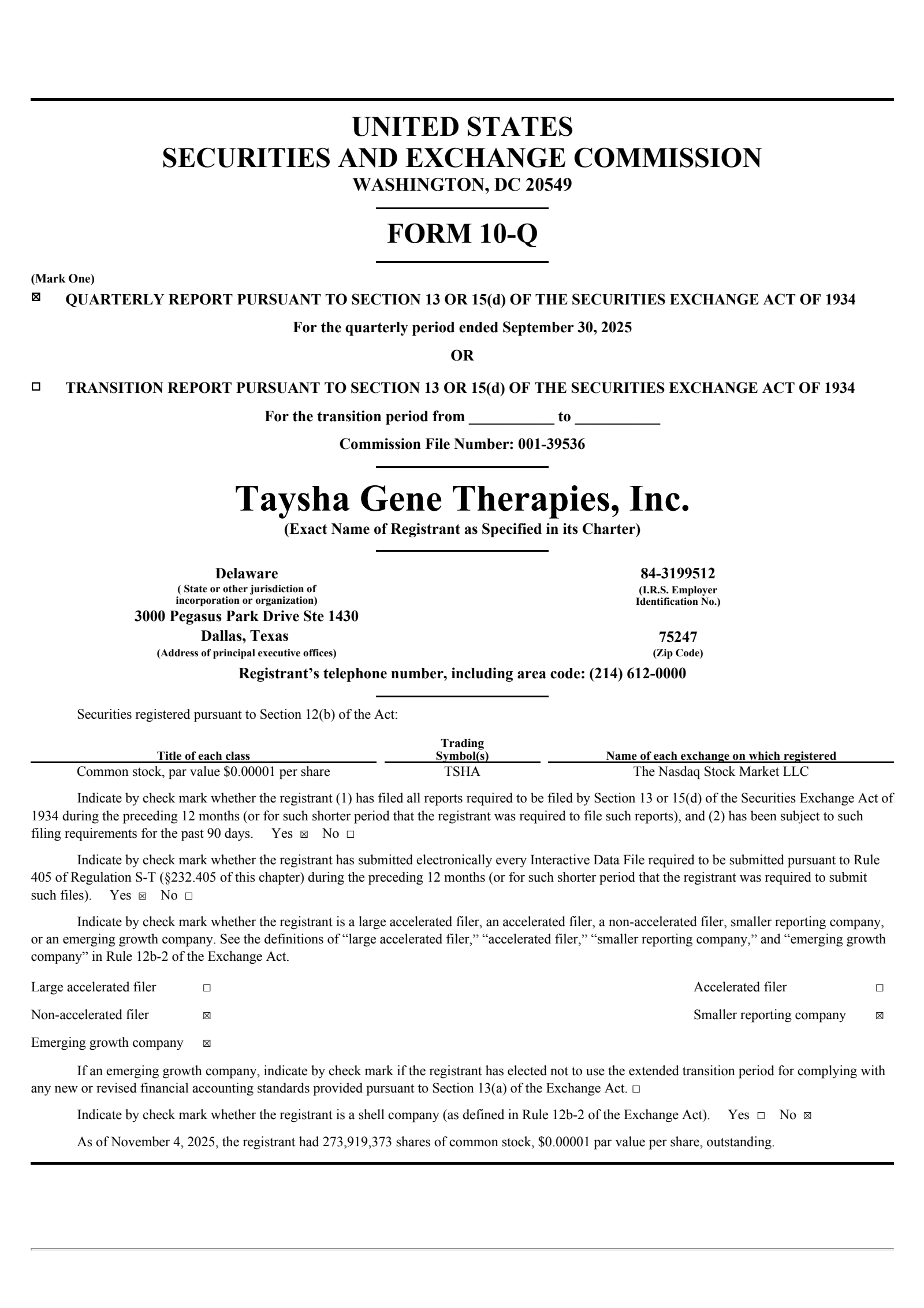 Taysha Gene Therapies' Q3 2025 Quarterly Report