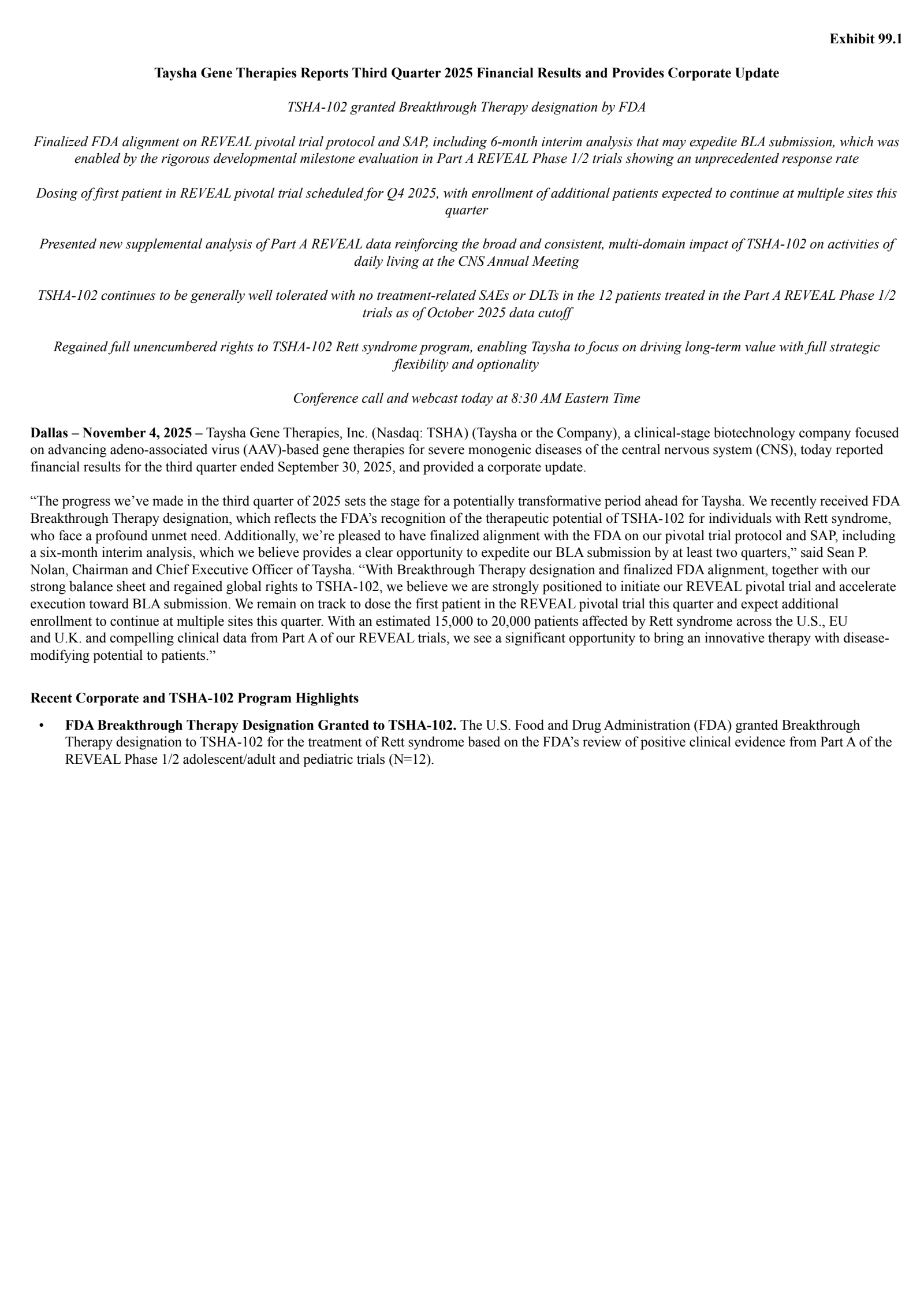 Taysha Gene Therapies' Q3 2025 Earnings Release