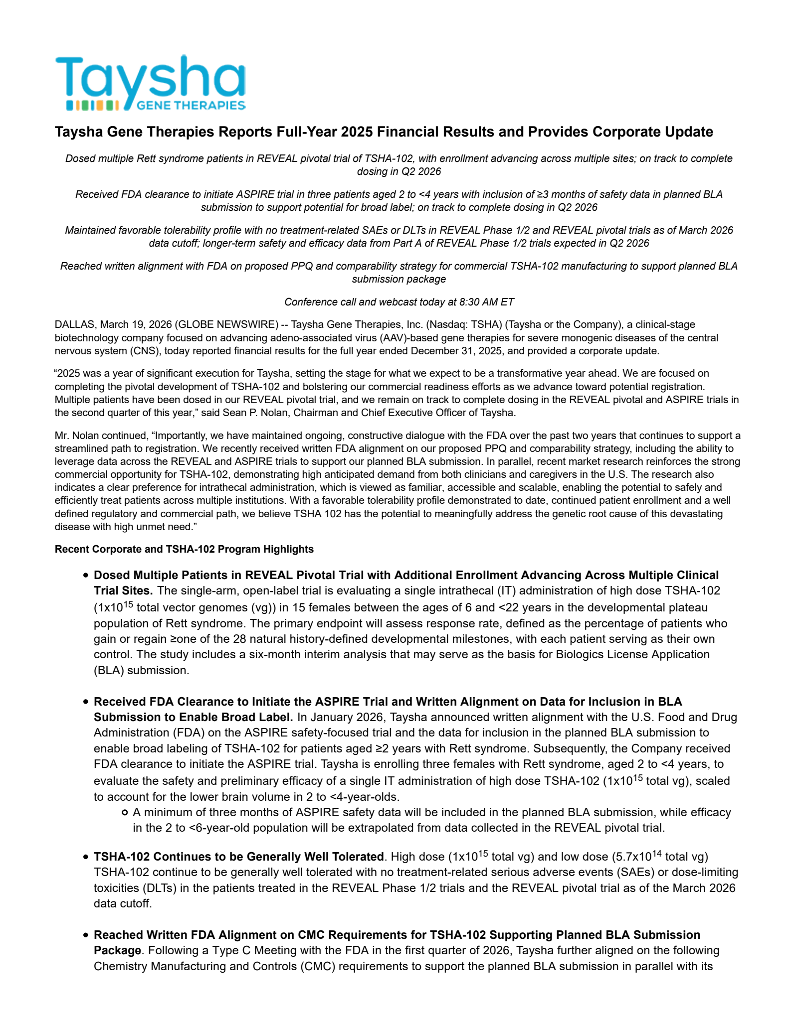 Taysha Gene Therapies' Q4 2025 Press Release