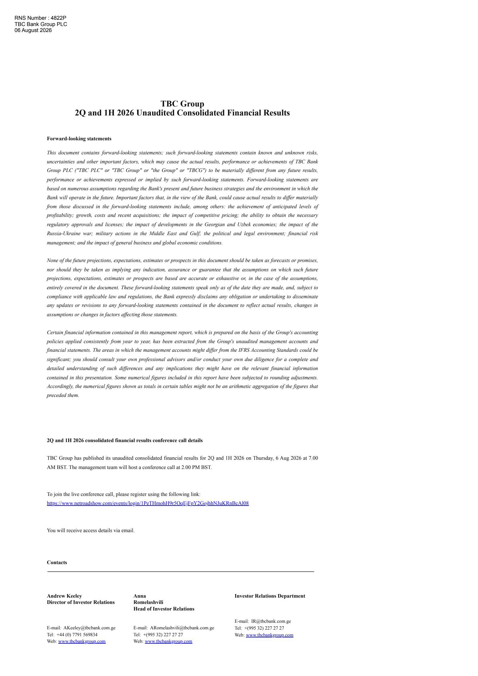 TBC Bank Group's Q2 2026 Interim report