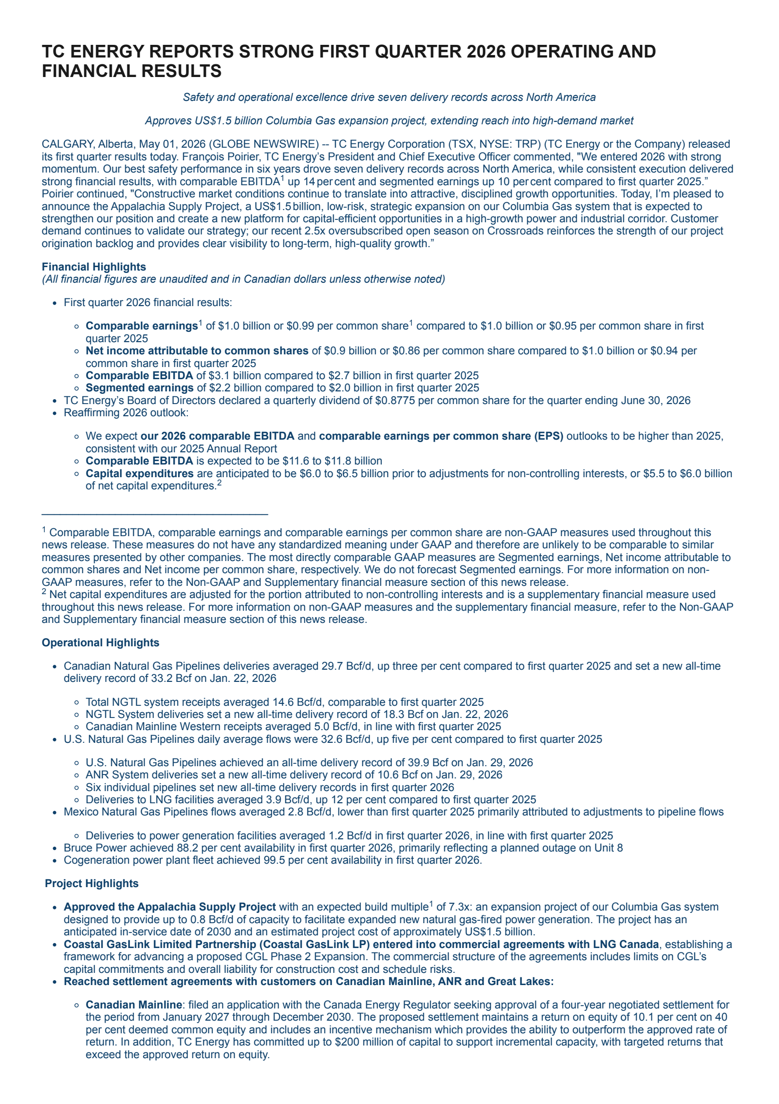TC Energy's Q1 2026 Press Release