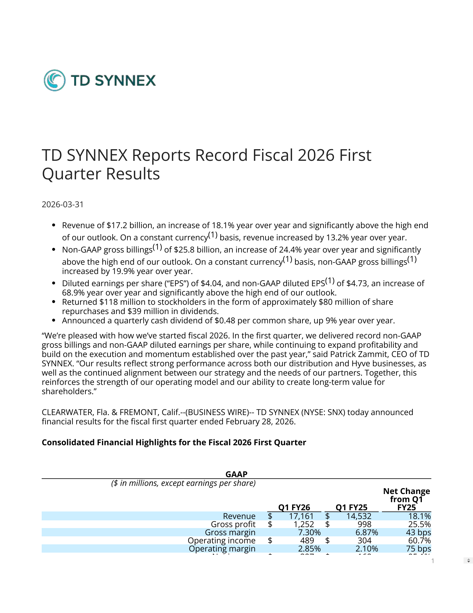 TD SYNNEX's Q1 2026 Press Release