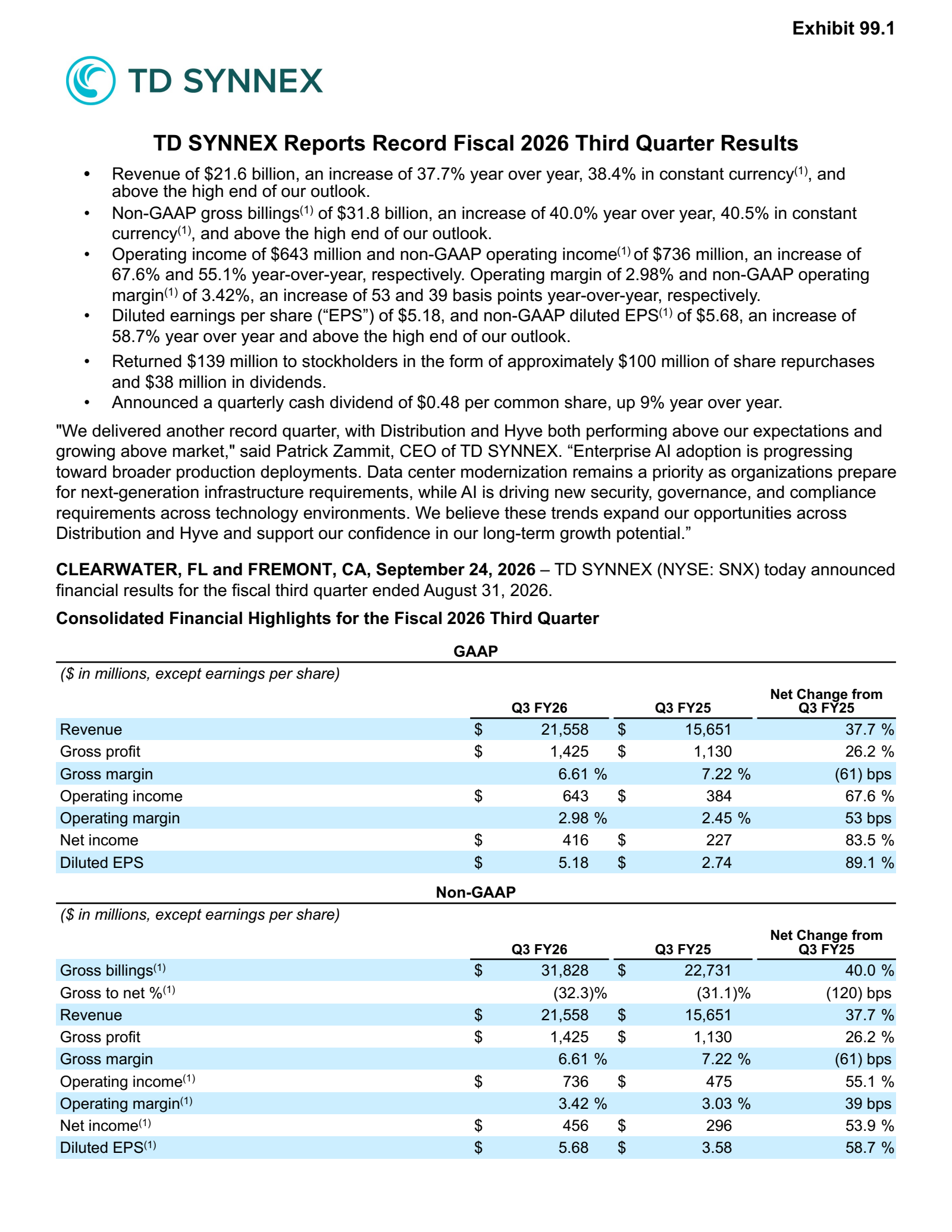 TD SYNNEX's Q3 2026 Press Release