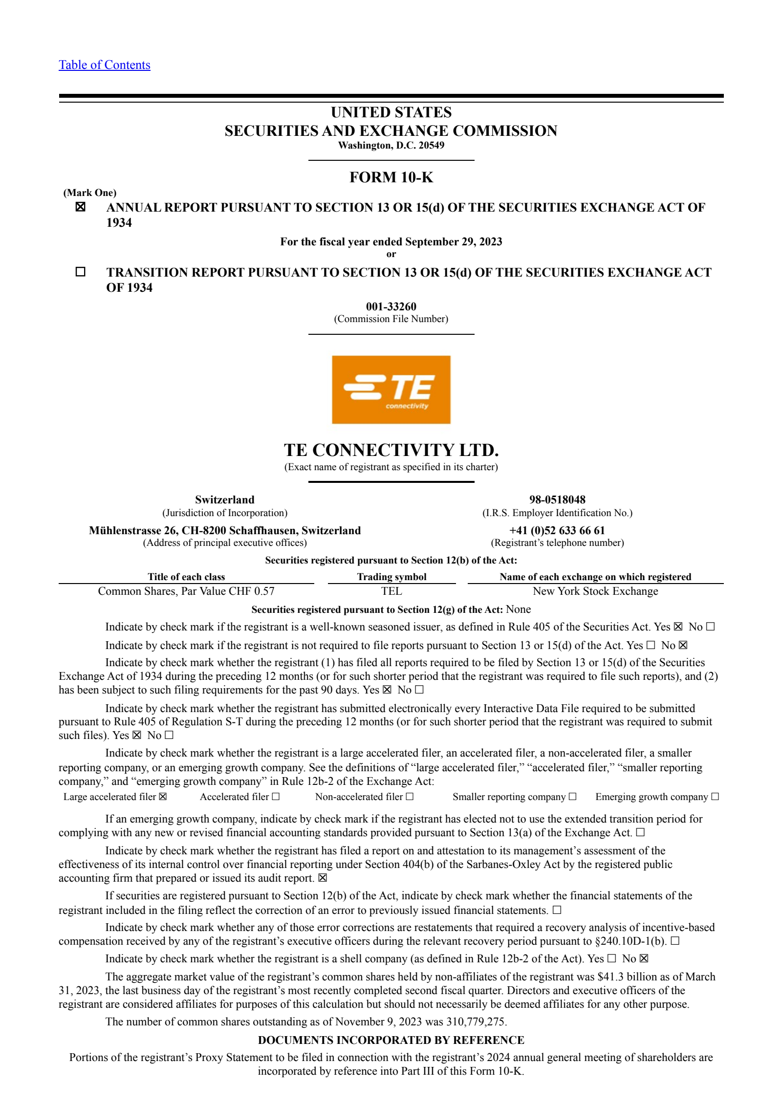 TE Connectivity's Q4 2023 Annual report