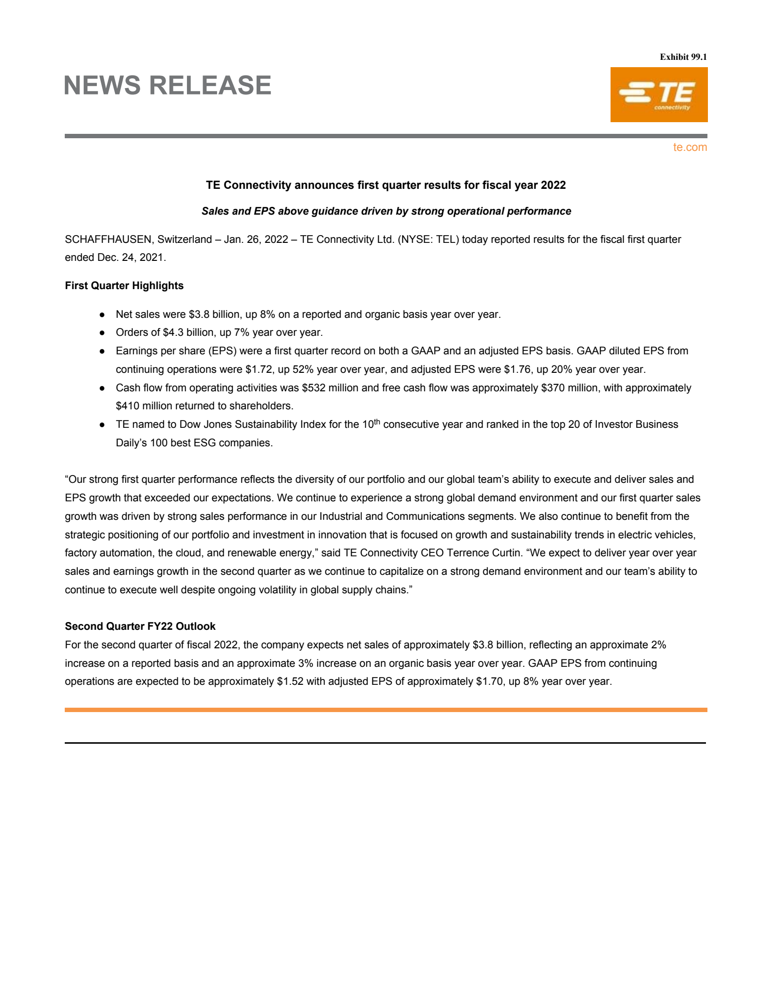 TE Connectivity's Q1 2022 Earnings Release