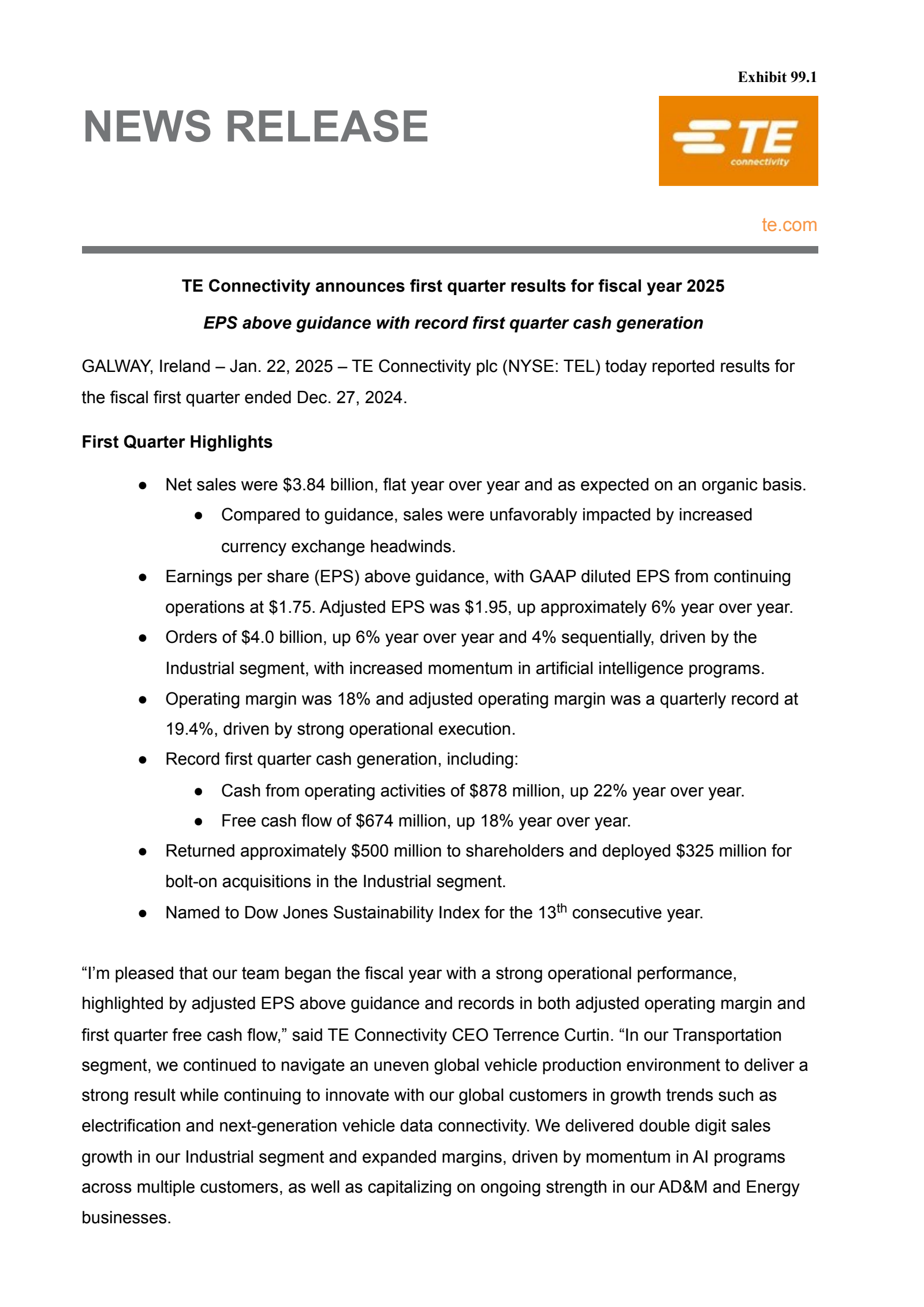 TE Connectivity's Q1 2025 Press Release