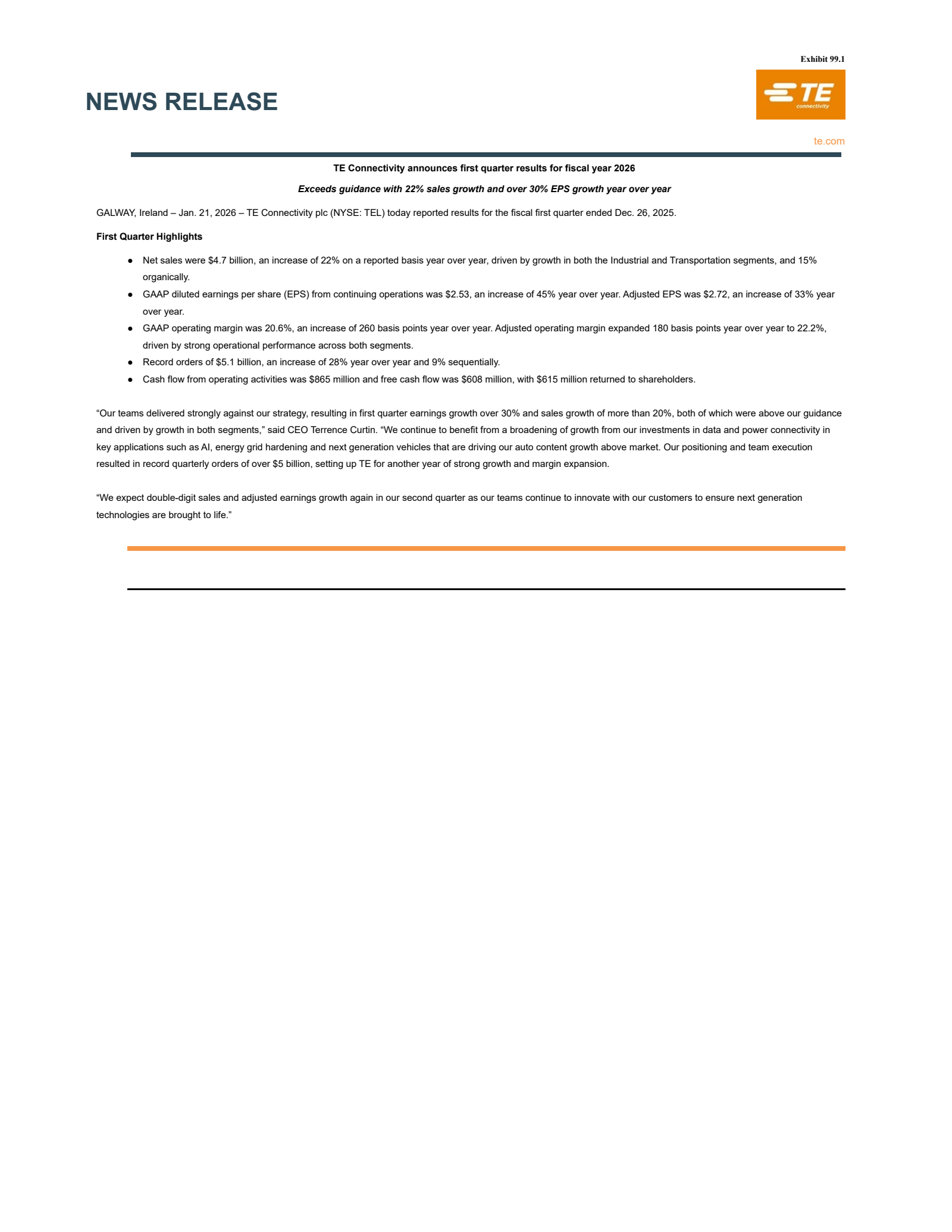 TE Connectivity's Q1 2026 Press Release