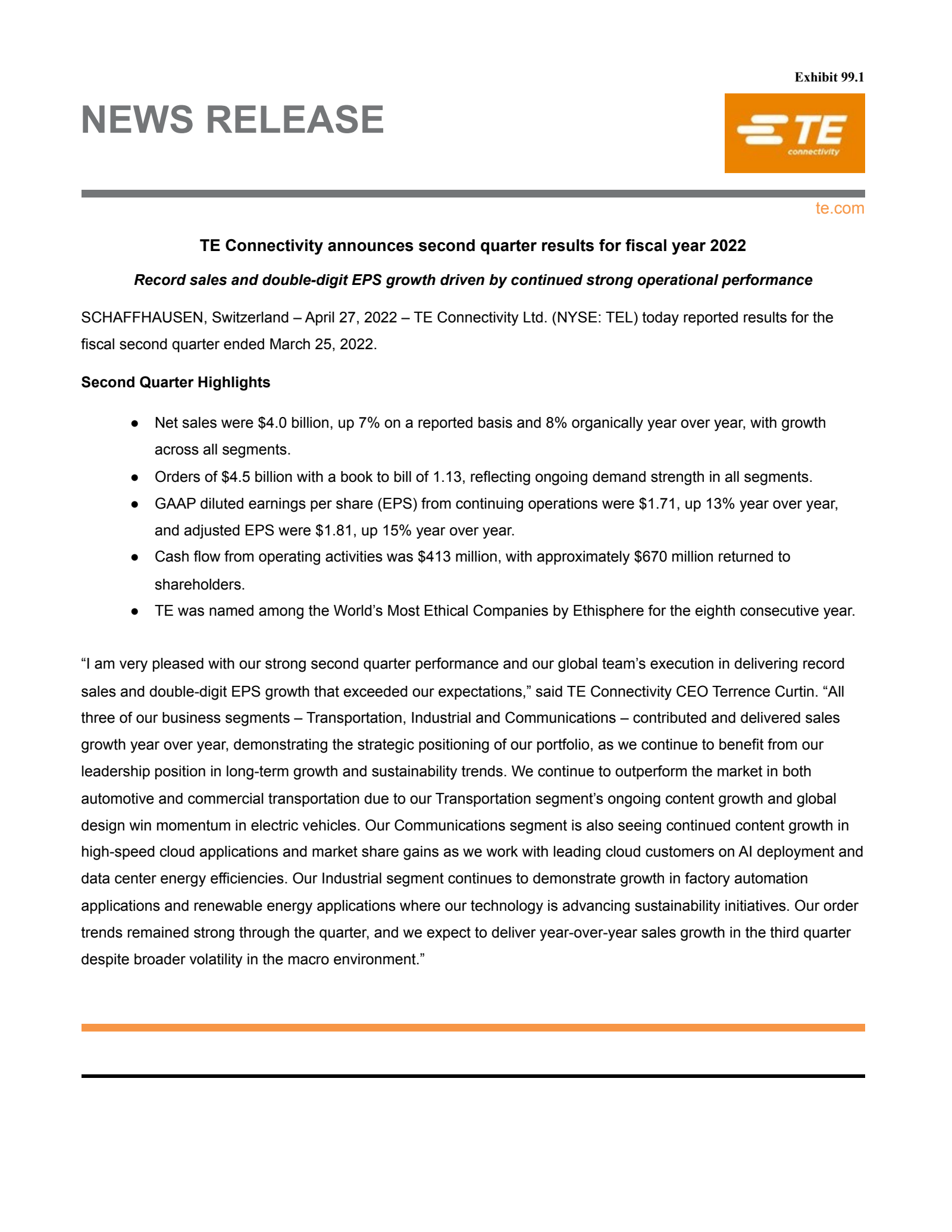 TE Connectivity's Q2 2022 Earnings Release