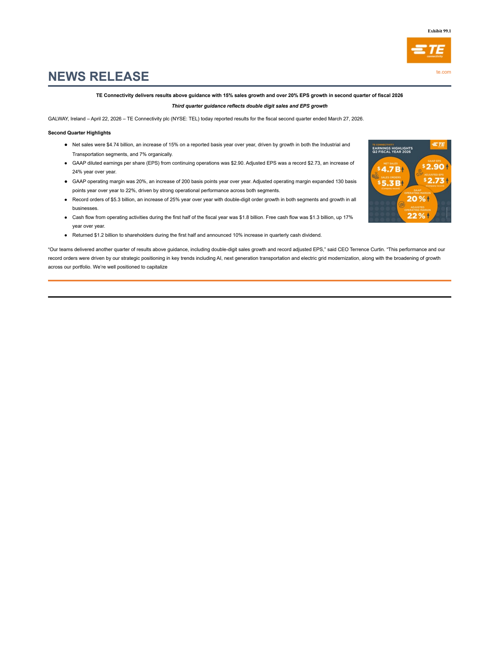 TE Connectivity's Q2 2026 Press Release