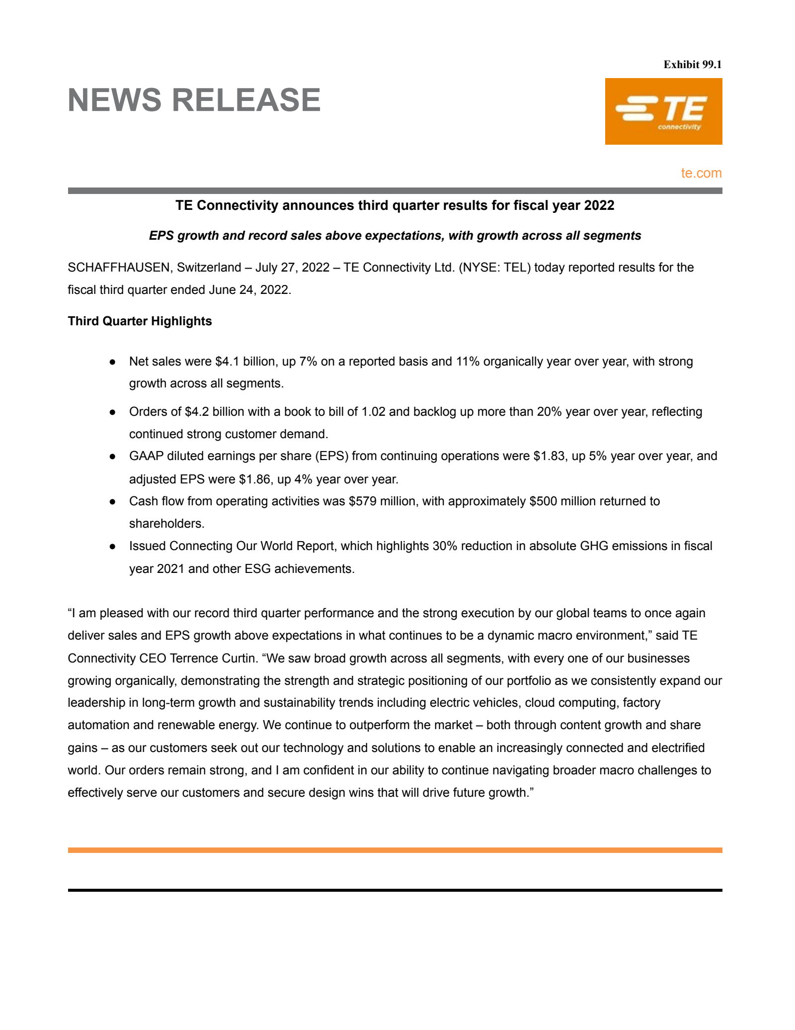 TE Connectivity's Q3 2022 Earnings Release