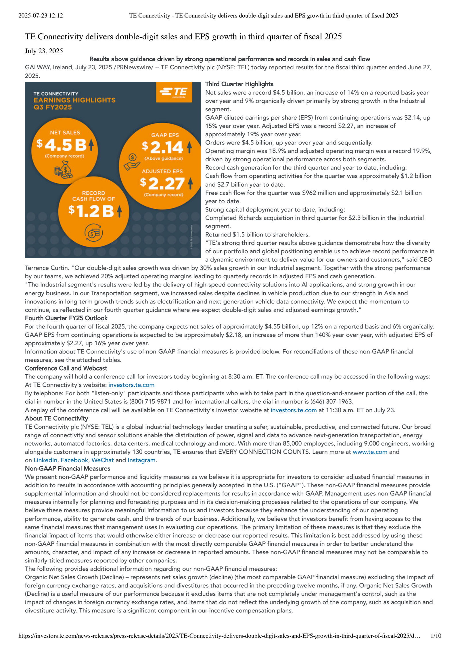 TE Connectivity's Q3 2025 Press Release