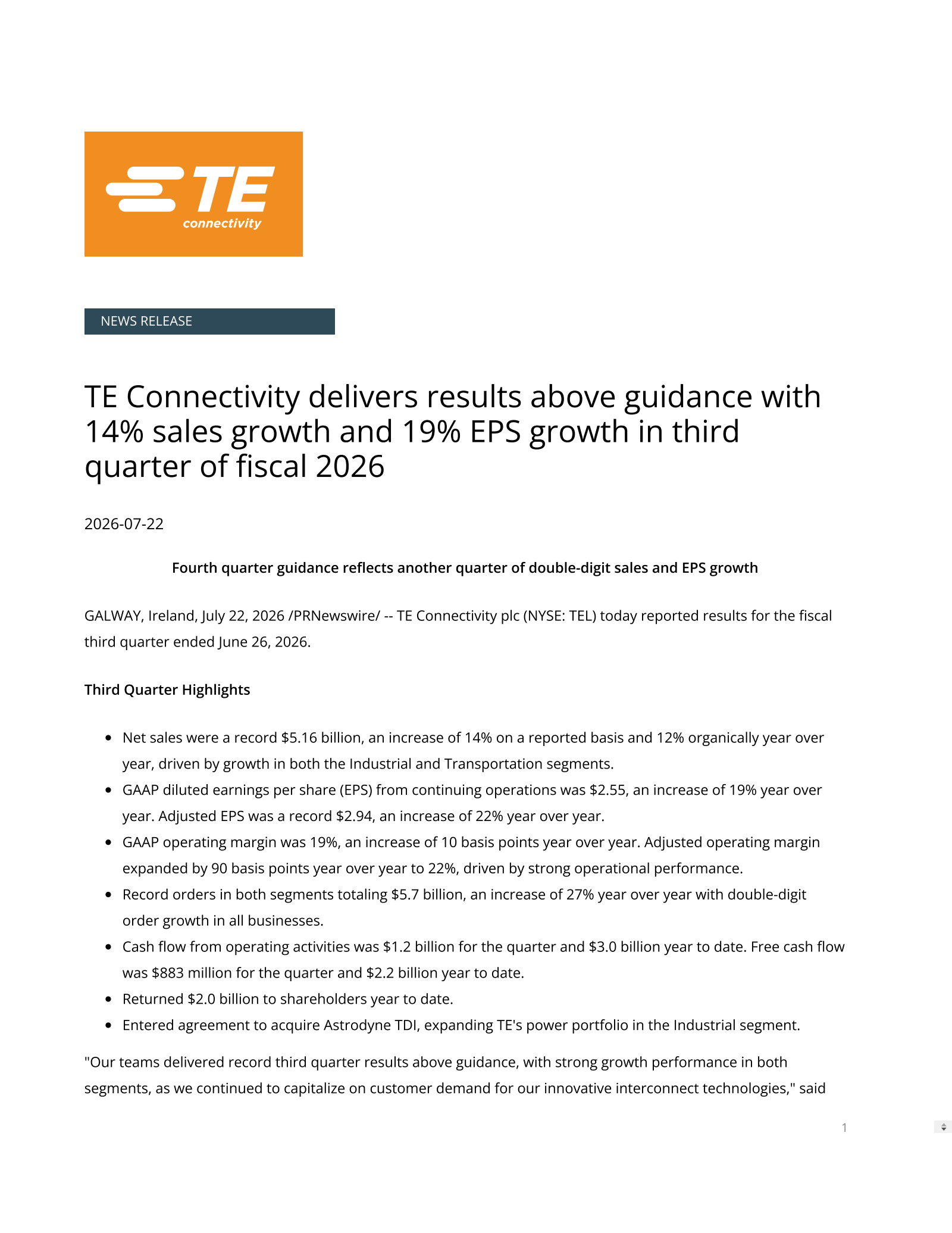 TE Connectivity's Q3 2026 Press Release