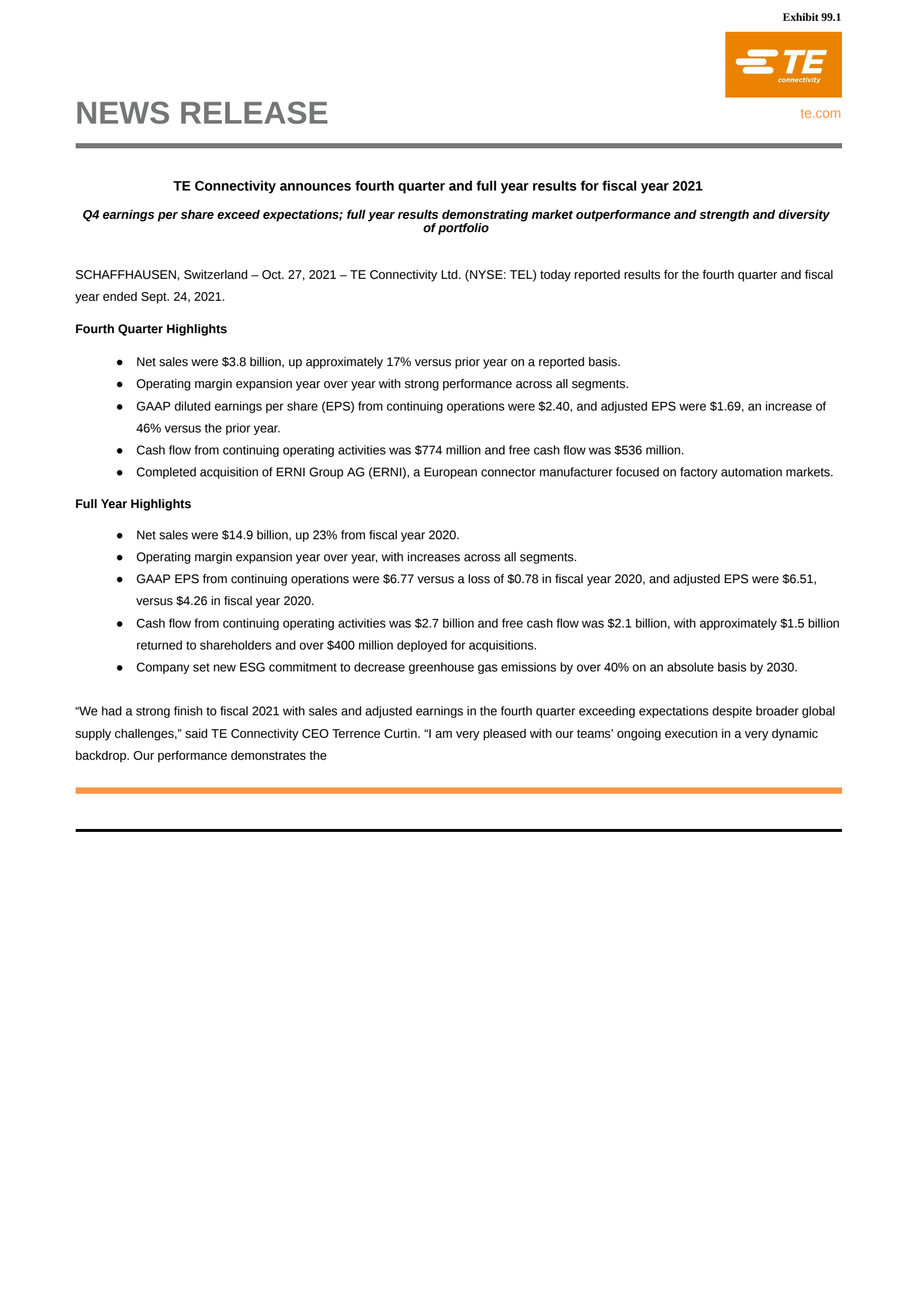 TE Connectivity's Q4 2021 Press Release
